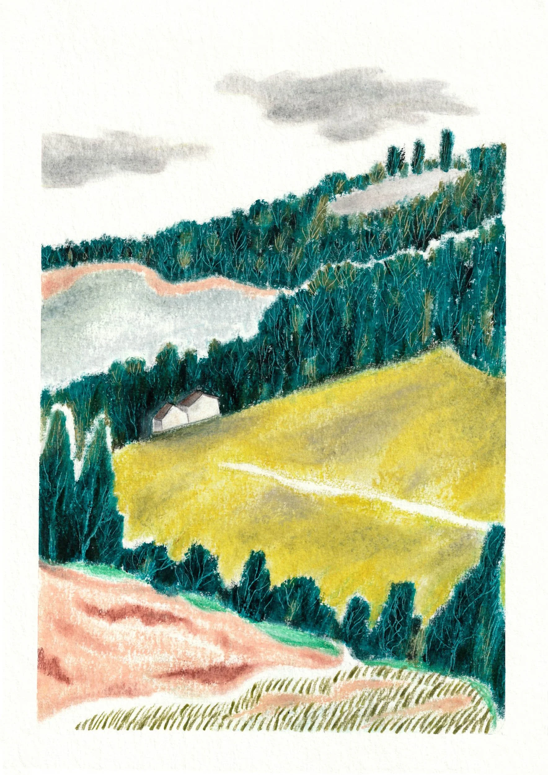 A colorful landscape painting showing green, yellow, and pink fields with trees, a house, and a cloudy sky in the Yvelines region near Paris.