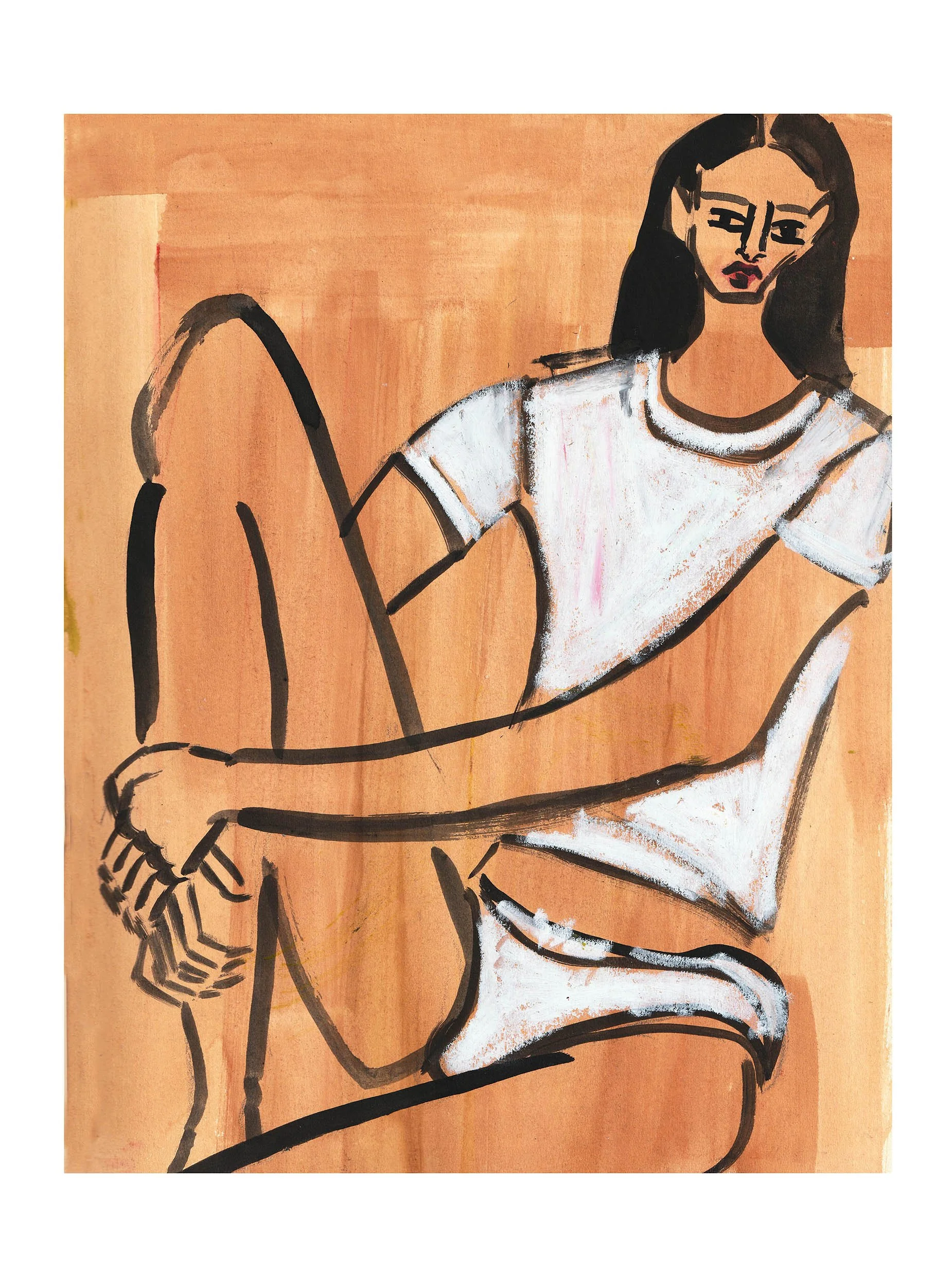 A painting of a woman with black hair, wearing a white shirt, sitting with her arms crossed over her knees, against a brown background. Ink and oil pastels on paper.