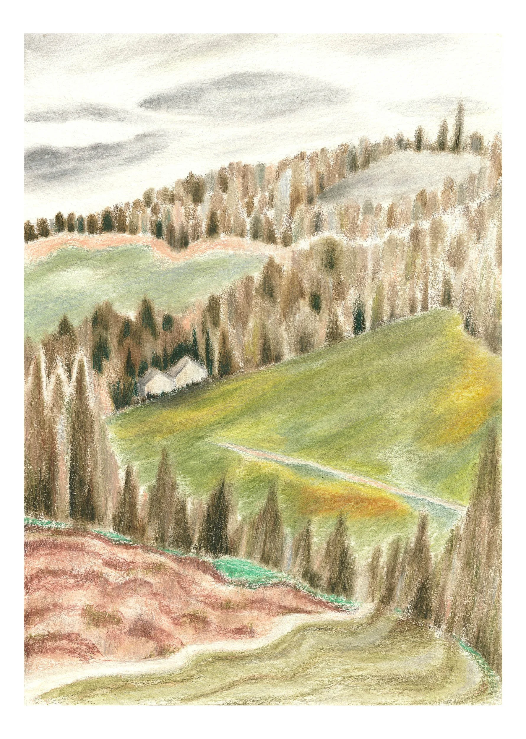 A pencils and pastels painting of a hilly landscape with trees, grass, and a cloudy sky in the Yvelines region near Paris.
