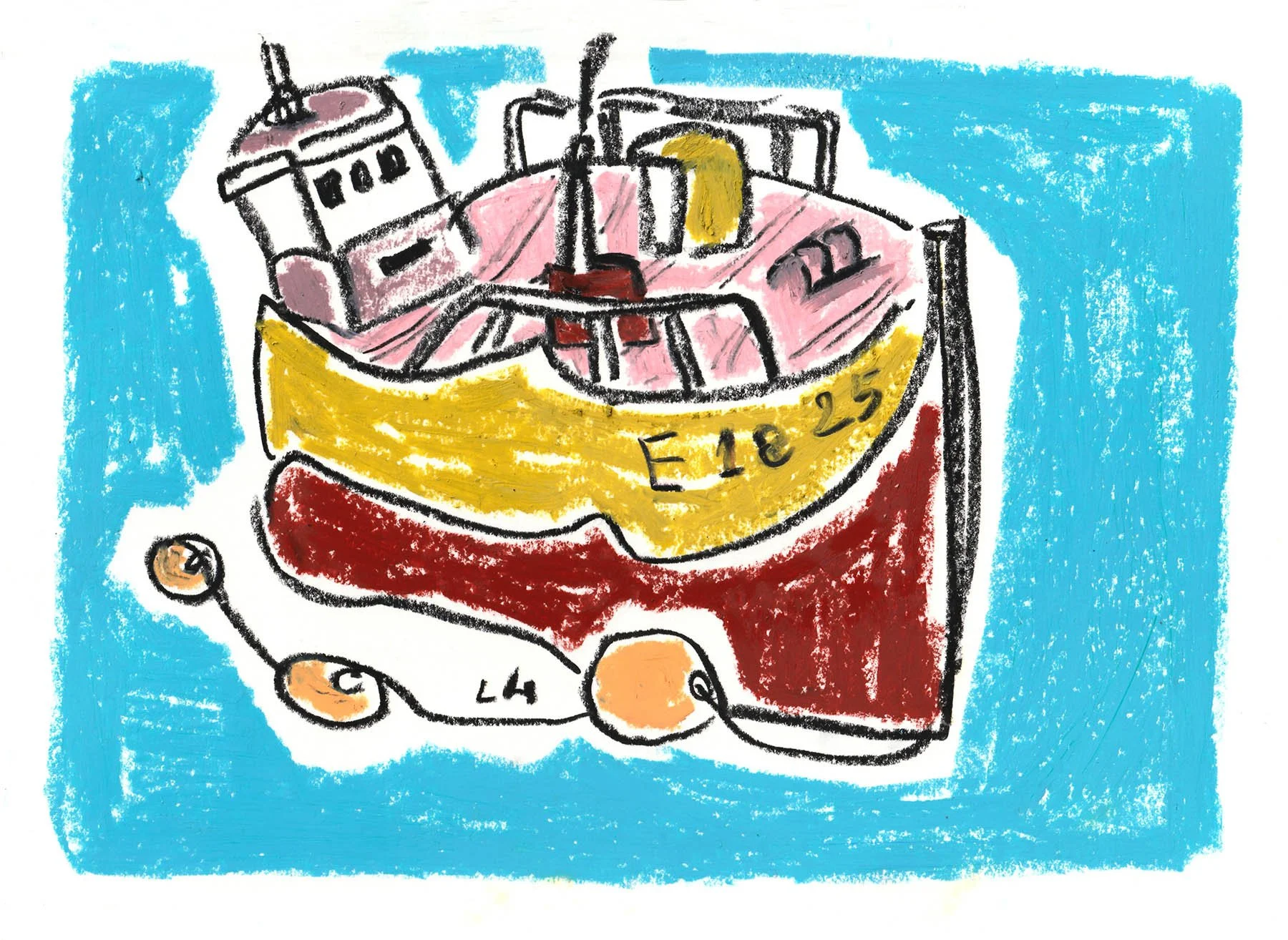 Child's drawing of a pink and yellow boat with the word "Eli 25" on it, floating on blue water, with small orange life buoys surrounding it.