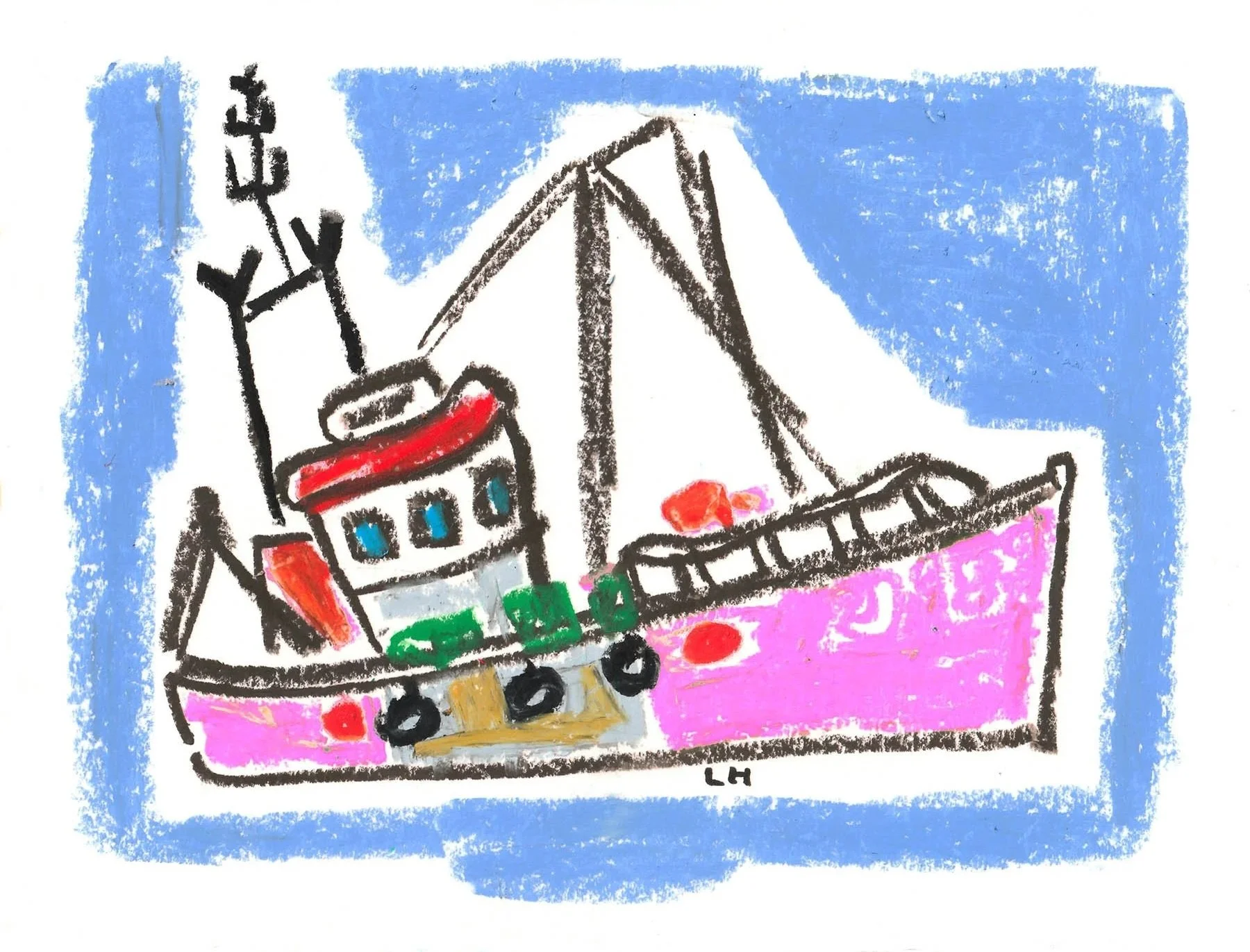 A colorful children's drawing of a  fisherman's boat filled with various items, a grocery store, a large mountain, and a bright blue sky. The drawing is signed with initials "LH" at the bottom.