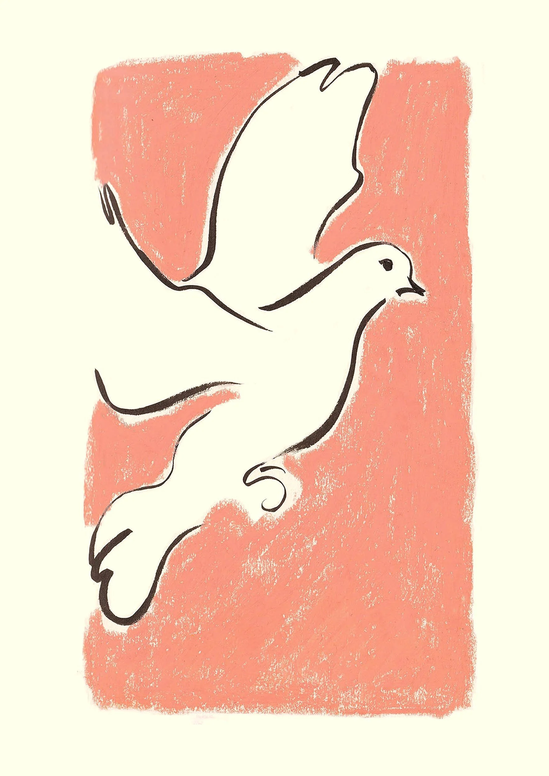Simple line drawing of a dove in flight with a pink textured background.