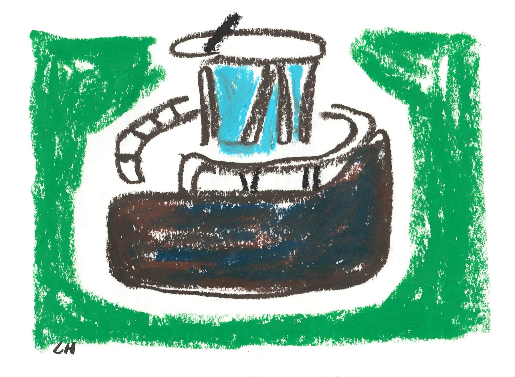 Child's drawing of a little boat almost a coffee pot , green border, oil pastel on paper.