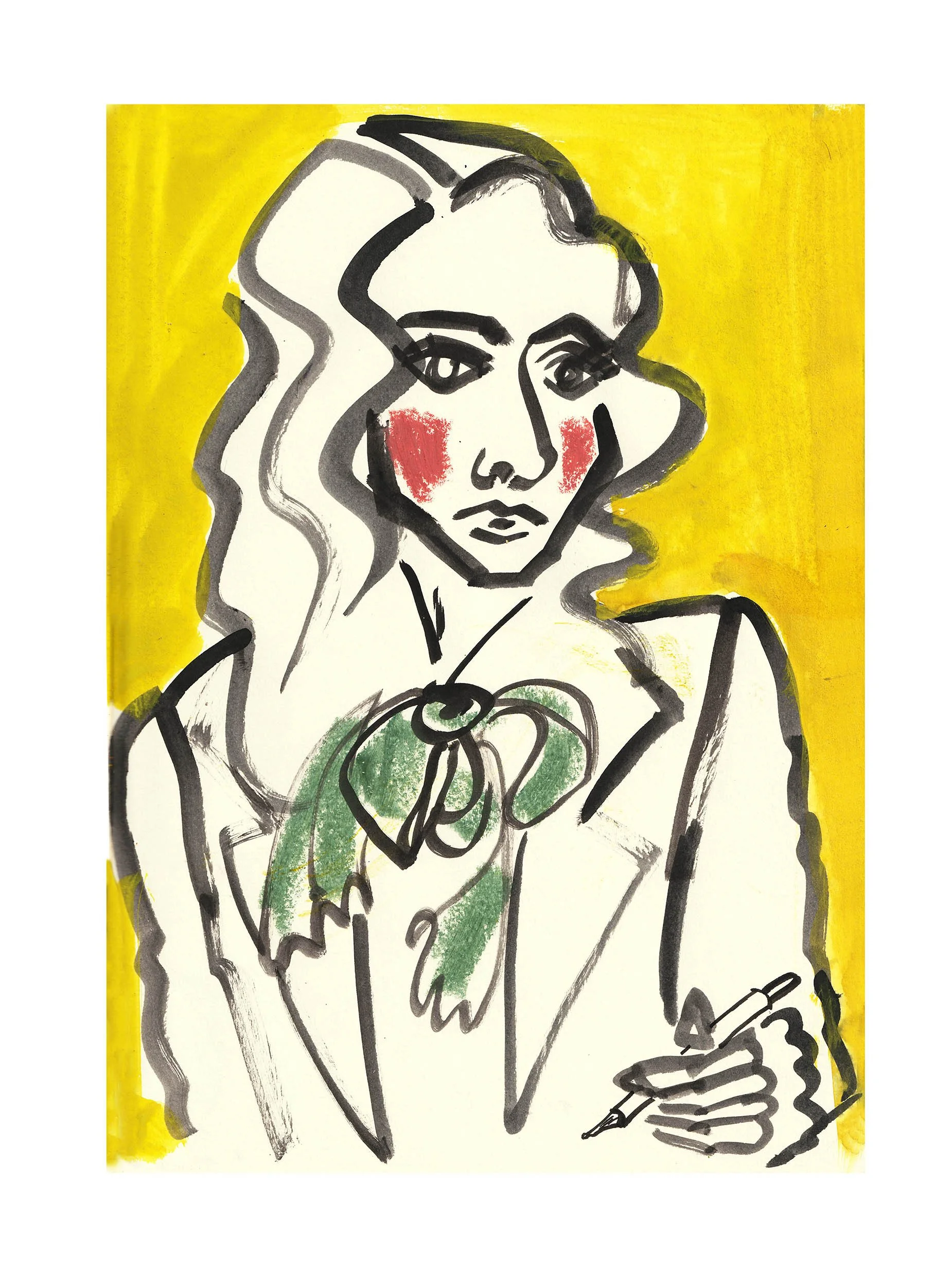 A colorful abstract illustration of a woman with wavy hair, red cheeks, and holding a pen, with a yellow background.