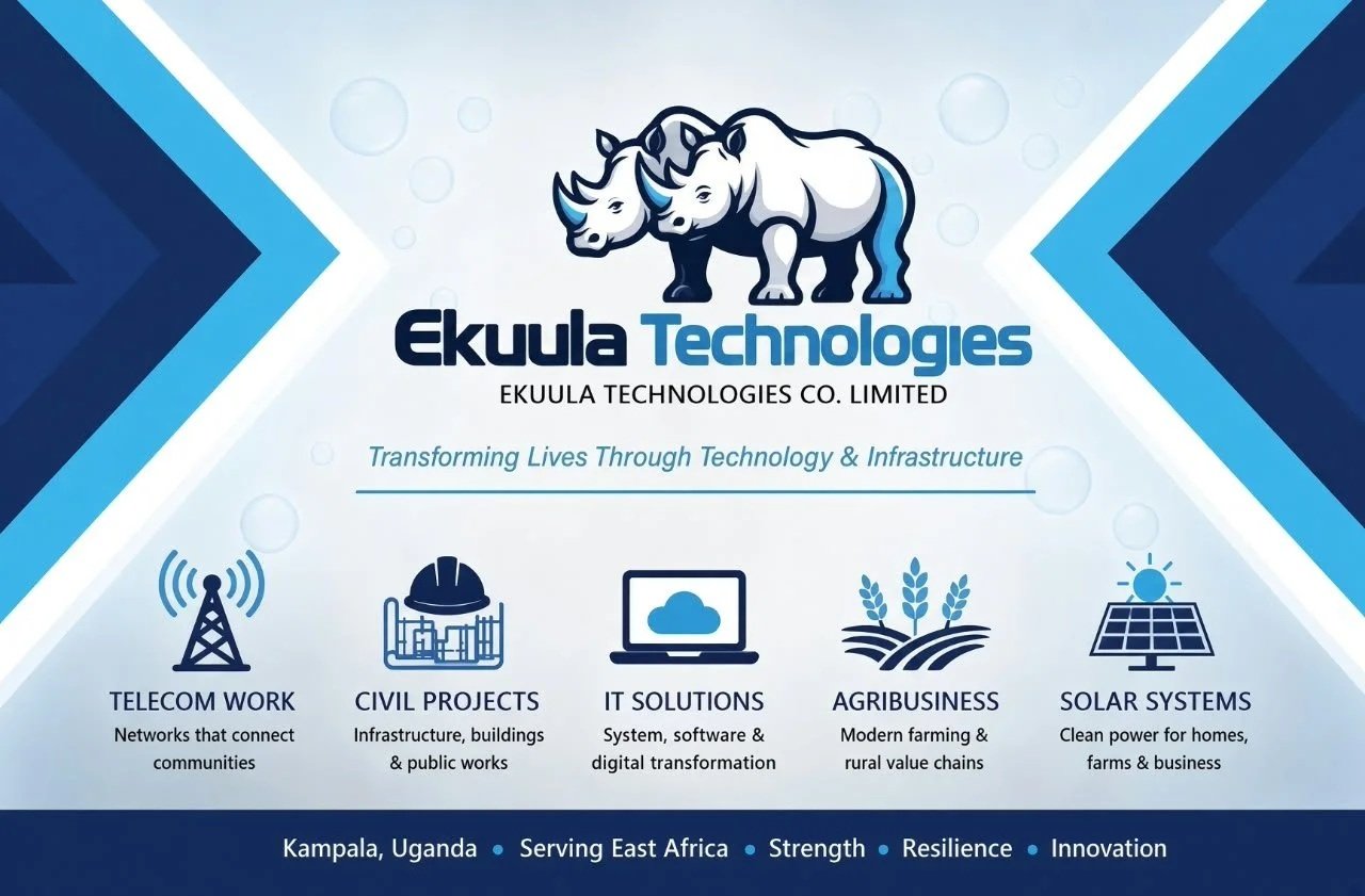 Logo of Ekuula Technologies with two rhinoceroses, company name, tagline, and icons representing telecom work, civil projects, IT solutions, agribusiness, and solar systems, with location and mission statement at the bottom.