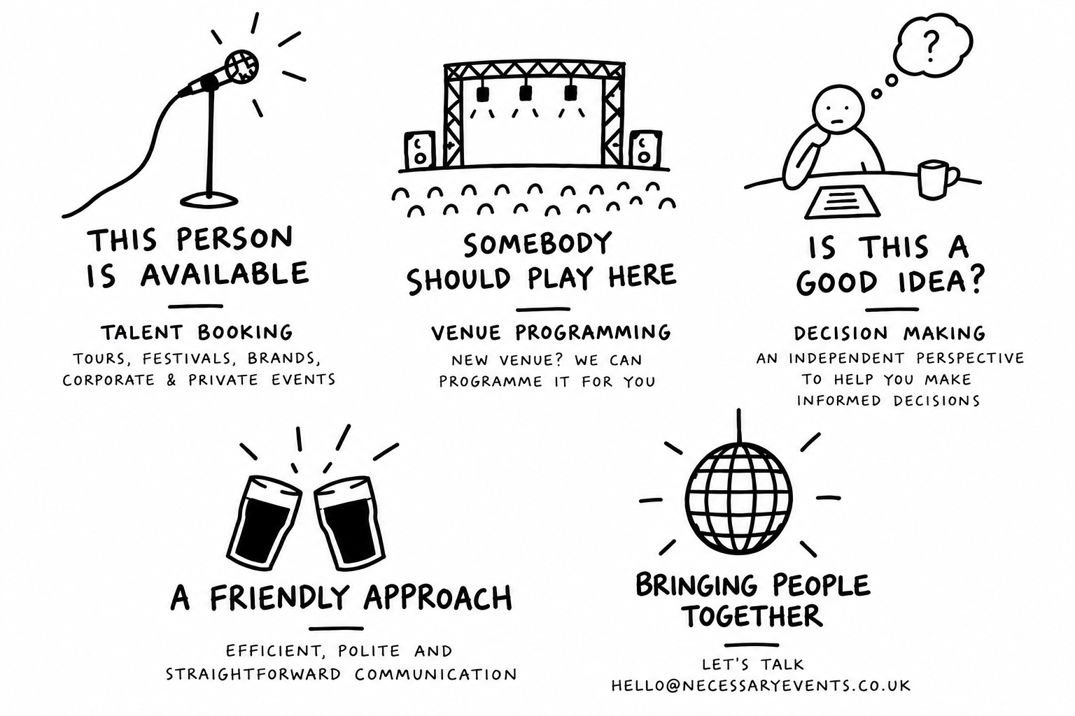 A black and white hand-drawn illustration with five sections promoting event planning services. The sections include: a microphone representing talent booking, a stage for venue programming, a person thinking about whether it's a good idea for decision making, two clinking glasses for a friendly approach, and a disco ball symbolizing bringing people together. Each section has a brief description about services offered, such as talent booking for tours and private events, venue programming, decision making support, efficient communication, and fostering social gatherings.