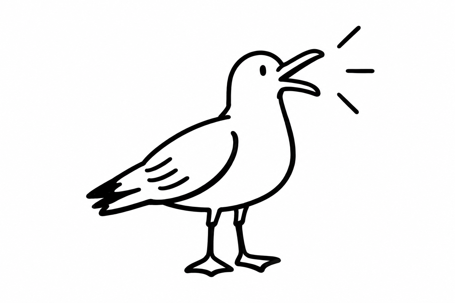 Black outline drawing of a talking duck with lines indicating speech.