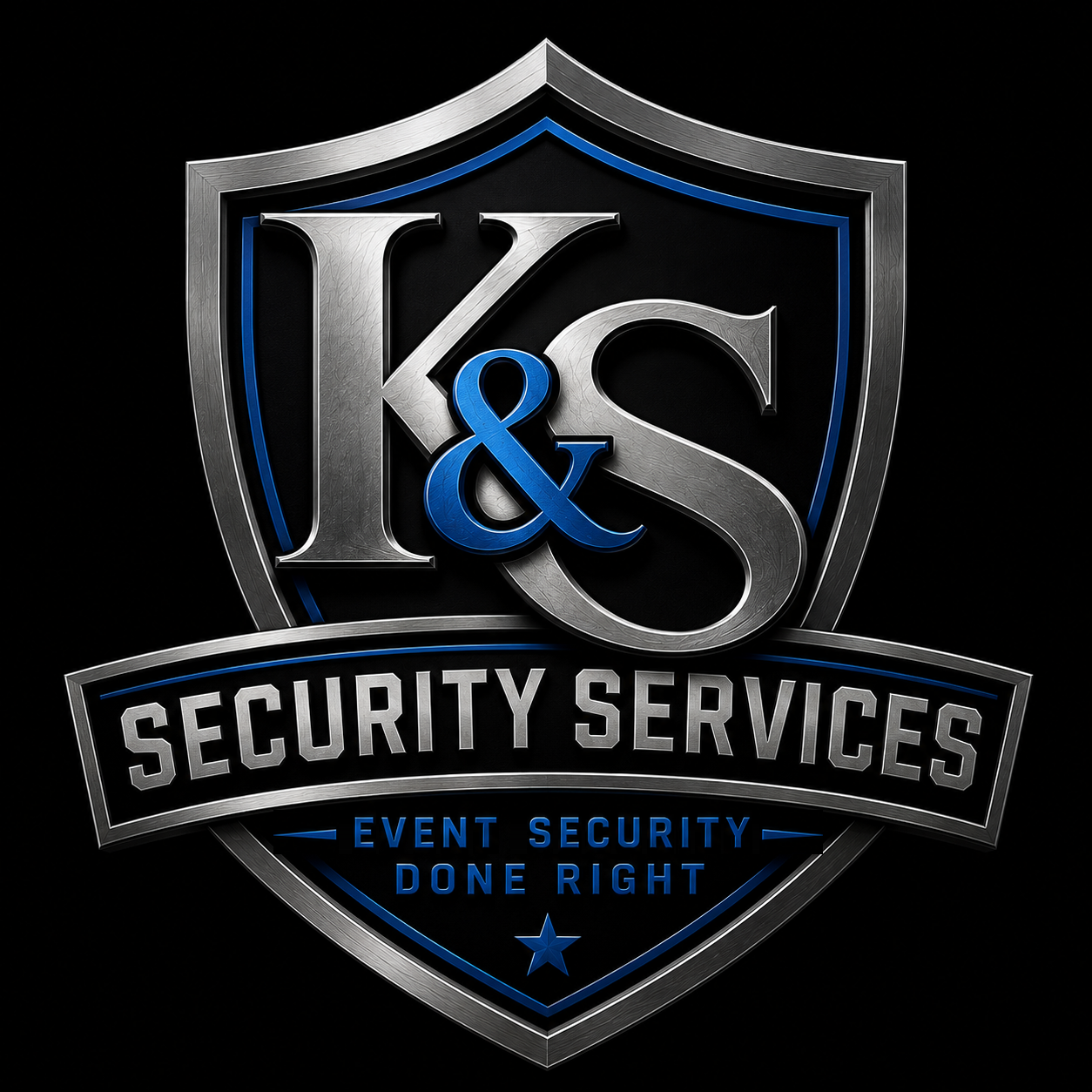 A metallic shield emblem with the text 'K&S Security Services' and the tagline 'Event Security Done Right' on a black background.