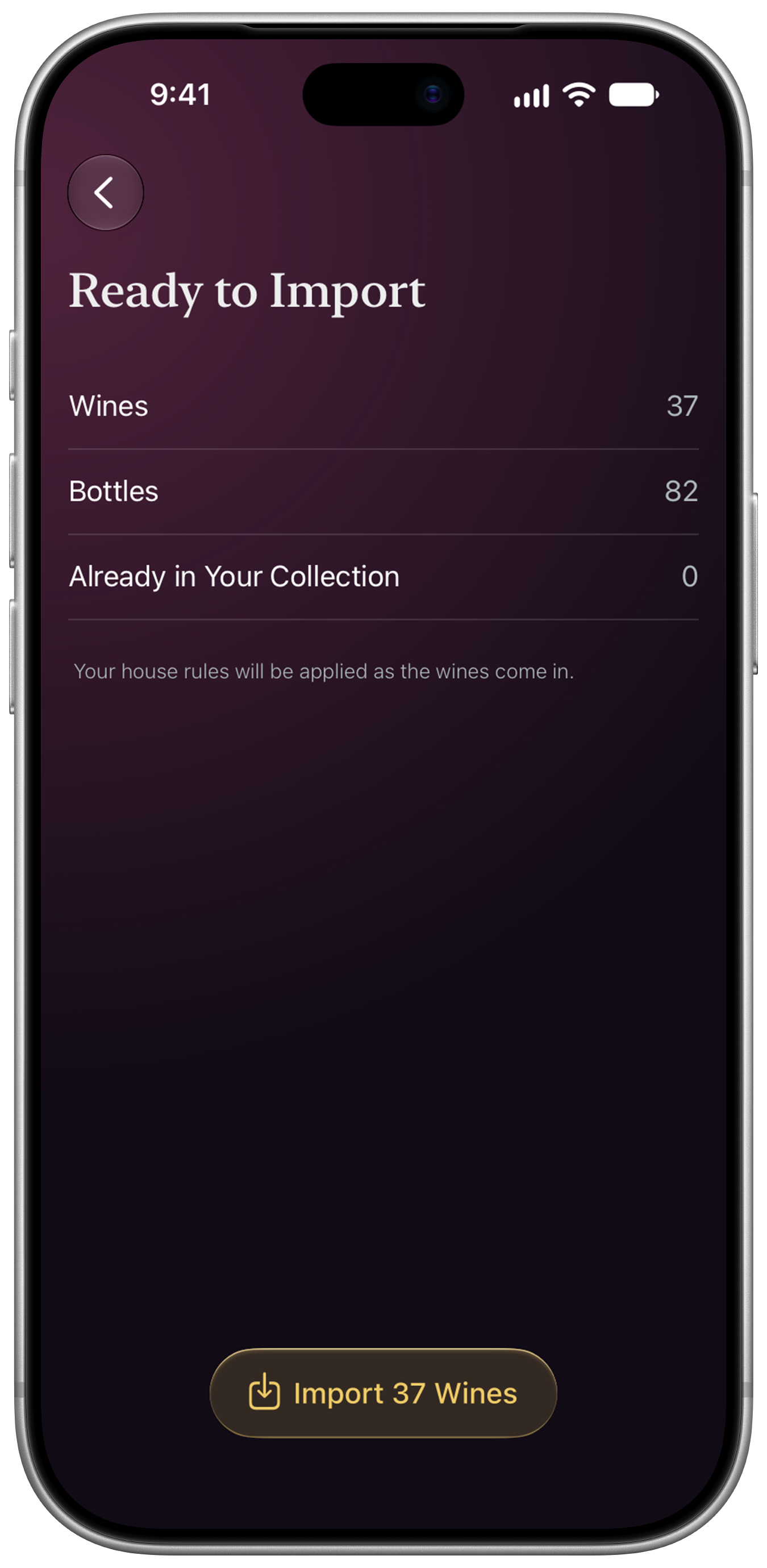 The ready-to-import screen, filled in with a summary from an imported list