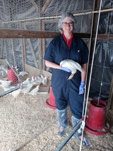 Woman in protective coveralls holding a white chicken inside a poultry coop