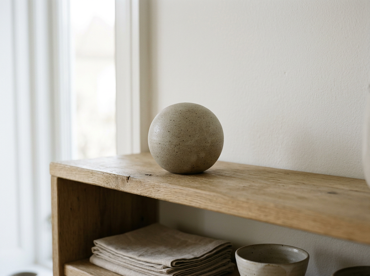 Concrete sphere on a wooden shelf with folded cloth and a ceramic bowl underneath.