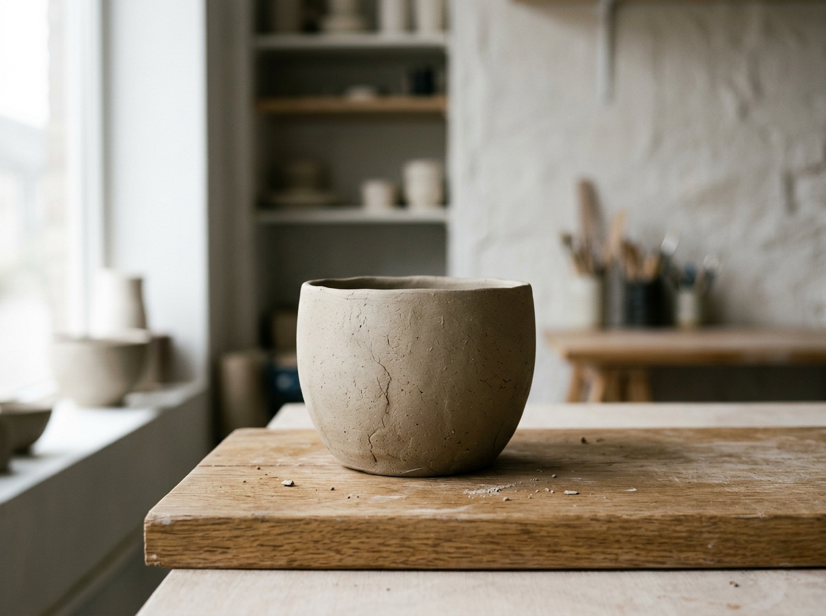 A plain, unfinished clay pot sitting on a wooden table in a pottery studio with shelves and tools in the background.