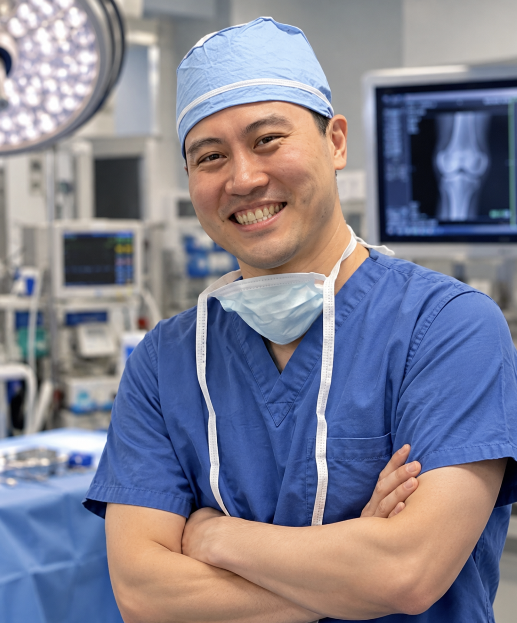 Smiling male surgeon in blue scrubs and a surgical cap standing in an operating room with medical equipment and monitors visible in the background.