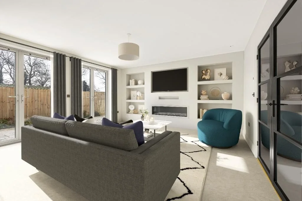 Bright modern living room with gray sectional sofa, teal accent chair, wall-mounted TV, fireplace, built-in shelving, and glass doors opening to a fenced yard.