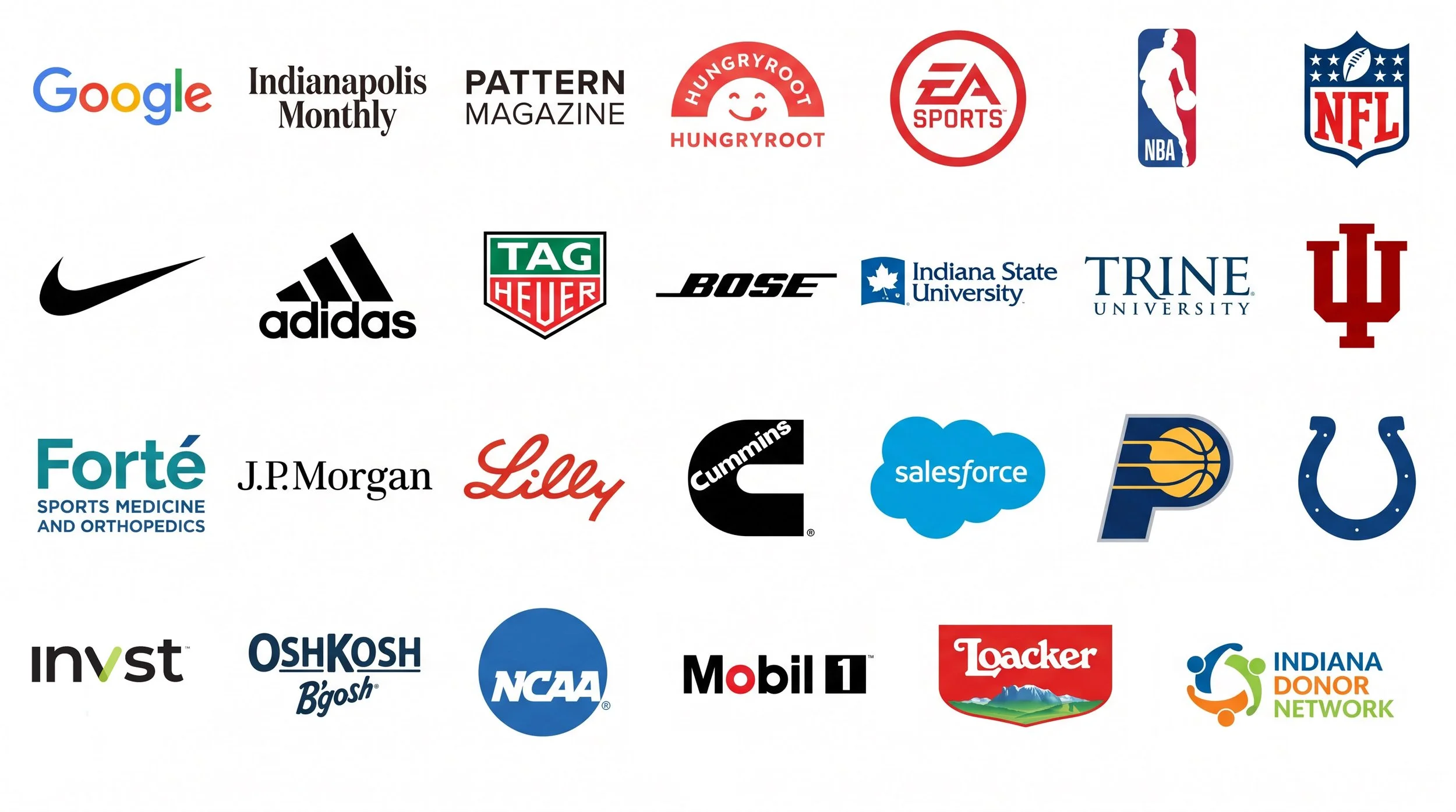 Collage of sponsor logos including Google, Indianapolis Monthly, Pattern Magazine, Hungryroot, EA Sports, NBA, NFL, Nike, Adidas, TAG Heuer, Bose, Indiana State University, Trine University, Indiana University, Salesforce, Indiana Pacers, Indianapolis Colts, NCAA, and Indiana Donor Network.