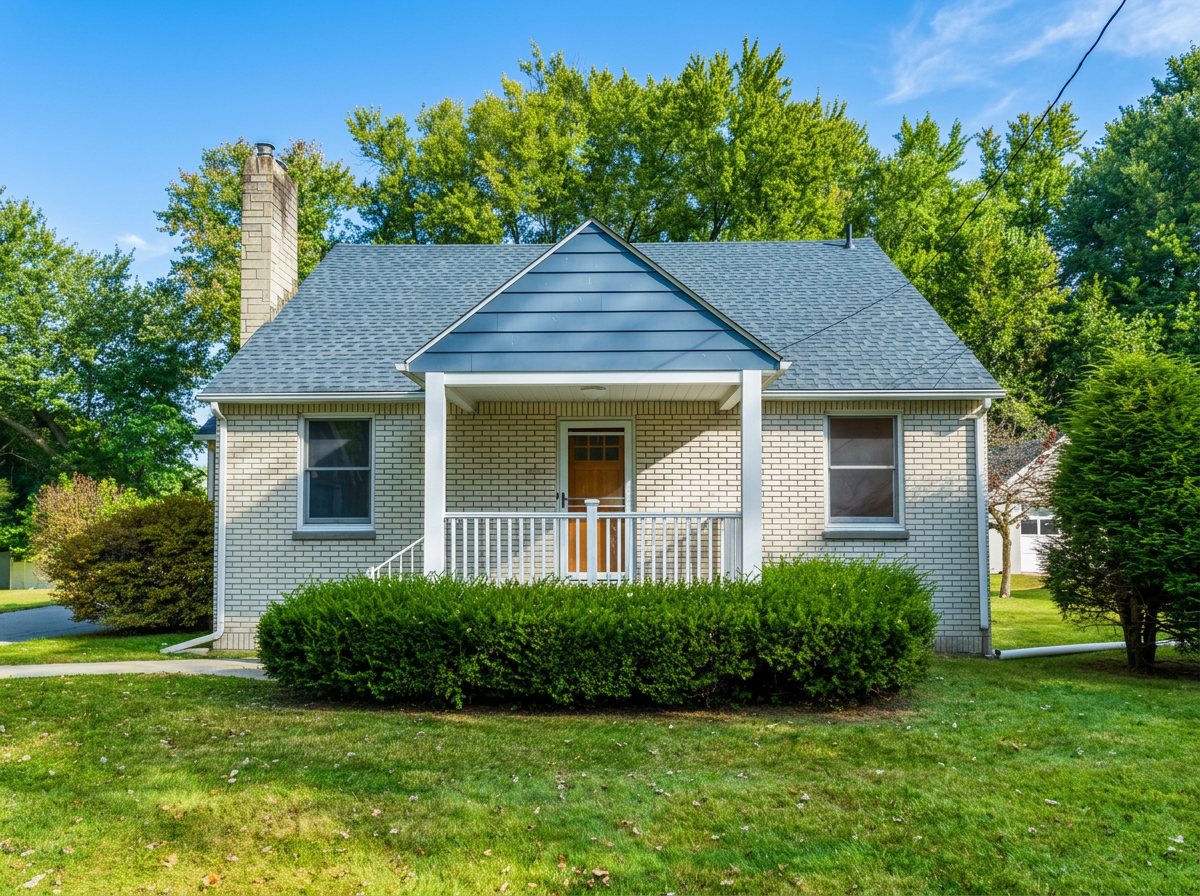 A house with beige brick exterior, a small front porch with white railings, a wooden front door, a chimney on the left, and surrounded by green trees and bushes under a clear blue sky.