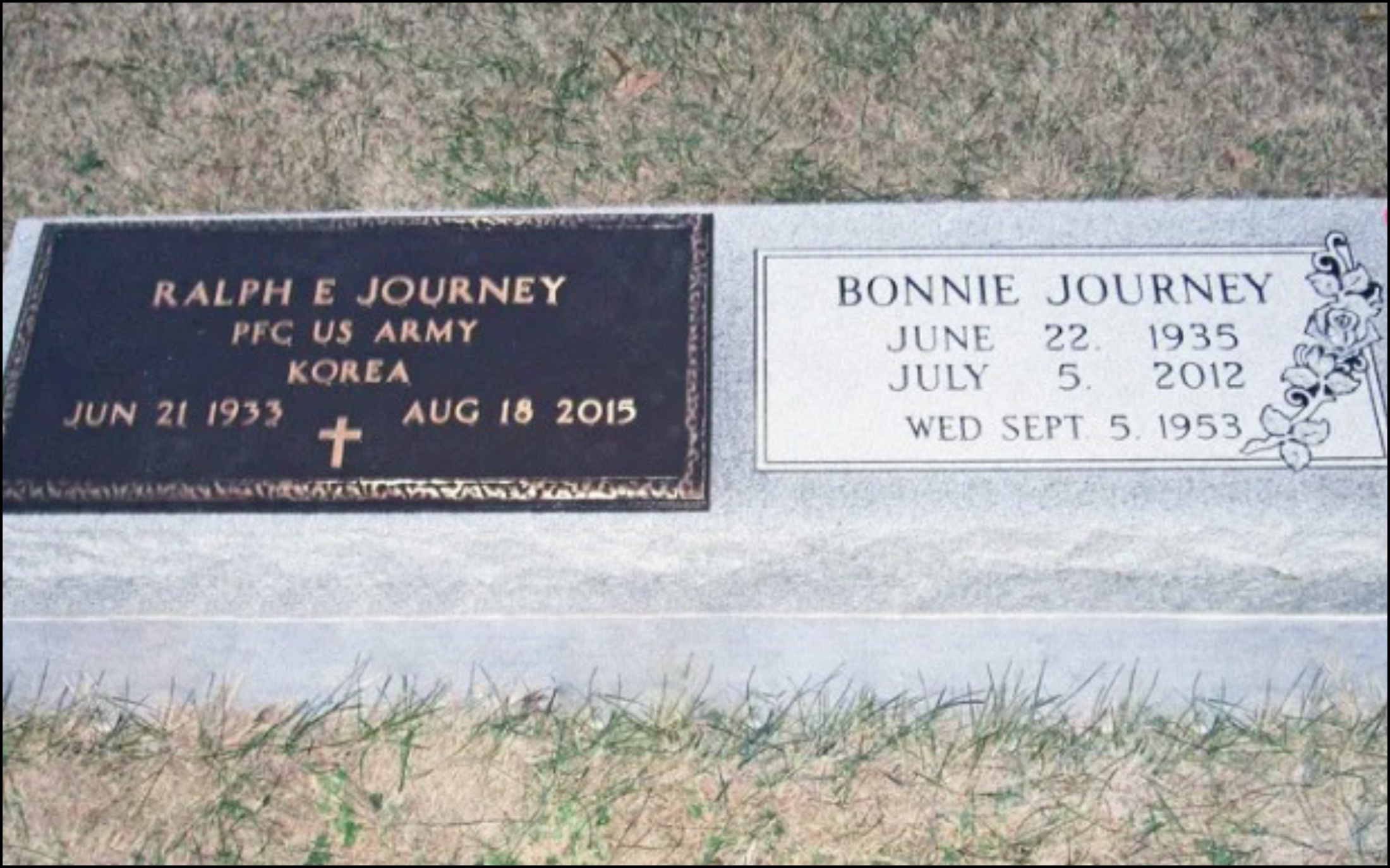 Two memorial plaques on a grave marker, one for Ralph E Journey (June 21, 1933 - August 18, 2015) from the U.S. Army in Korea, and another for Bonnie Journey (June 22, 1935 - July 5, 2012), with a decorative floral design.