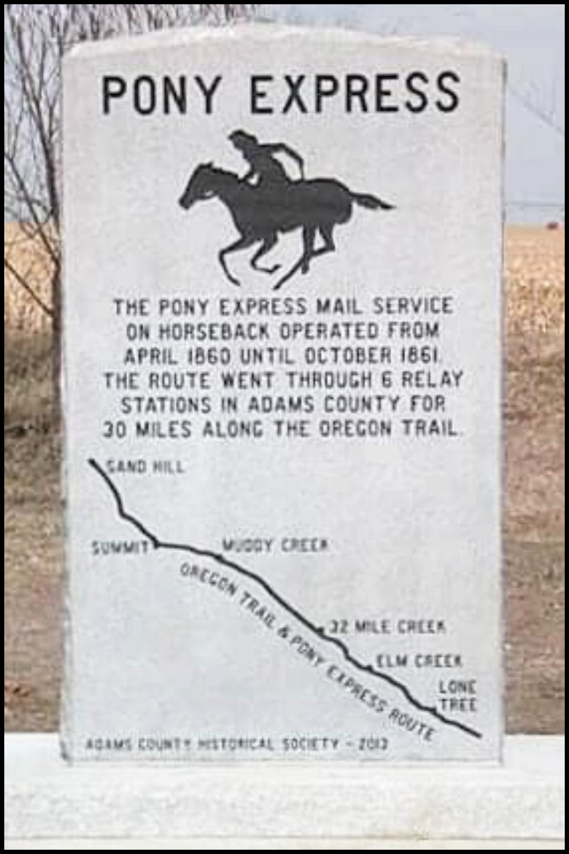 Historical marker for Pony Express mail service, describing its route through Adams County, Oregon, with a map showing the trail, including landmarks such as Sand Hill, Sugar Creek, Oregon Trail, 22-mile Creek, Elm Creek, and Lone Tree.