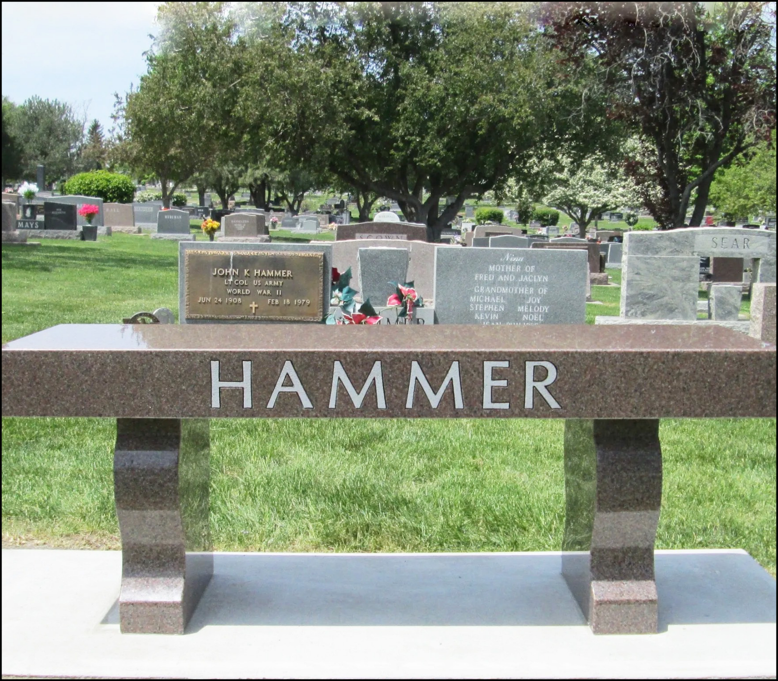 Gravestone with the name 'Hammer' in a cemetery, surrounded by other gravestones, with trees and grass in the background.