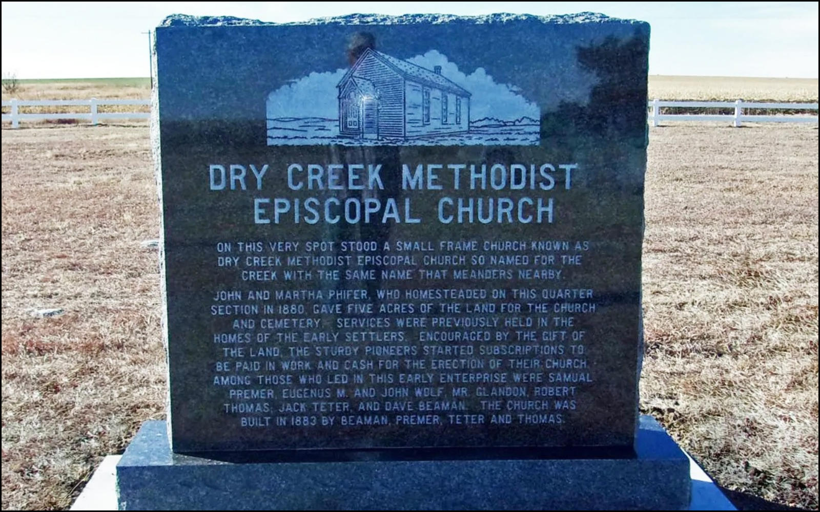 Historical marker for Dry Creek Methodist Episcopal Church, with an illustration of a small wooden church at the top, and a background of open land and sky.