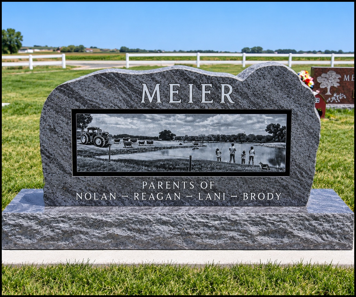 Gravestone for the Meier family with a carved black and white picture of a farm scene, including a tractor, cows, water, and people, on a cloudy day with green grass and a white fence in the background.