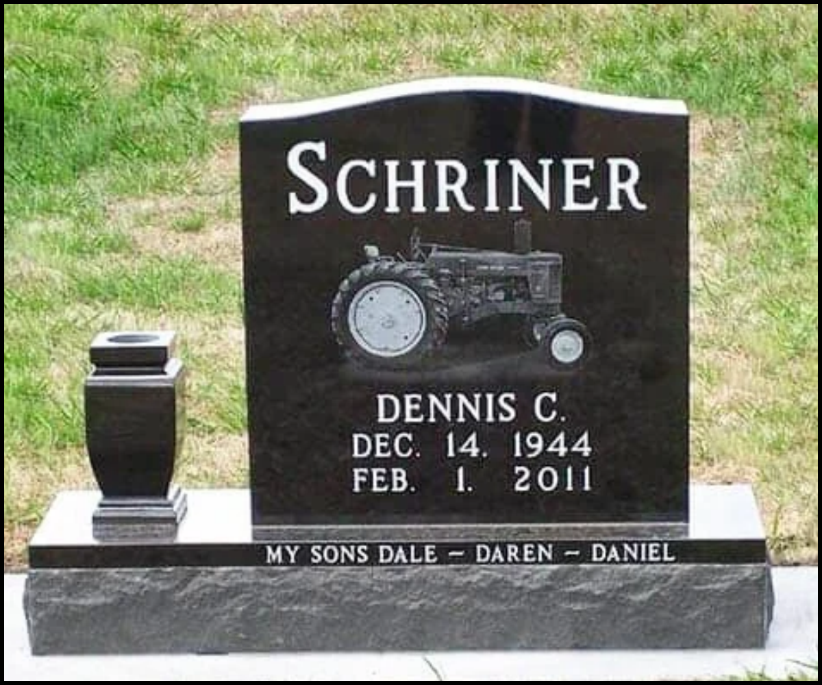 Gravestone with the name Schriner and an image of a tractor. Born December 14, 1944, died February 1, 2011. Inscription reads, 'My sons Dale, Daren, Daniel'.