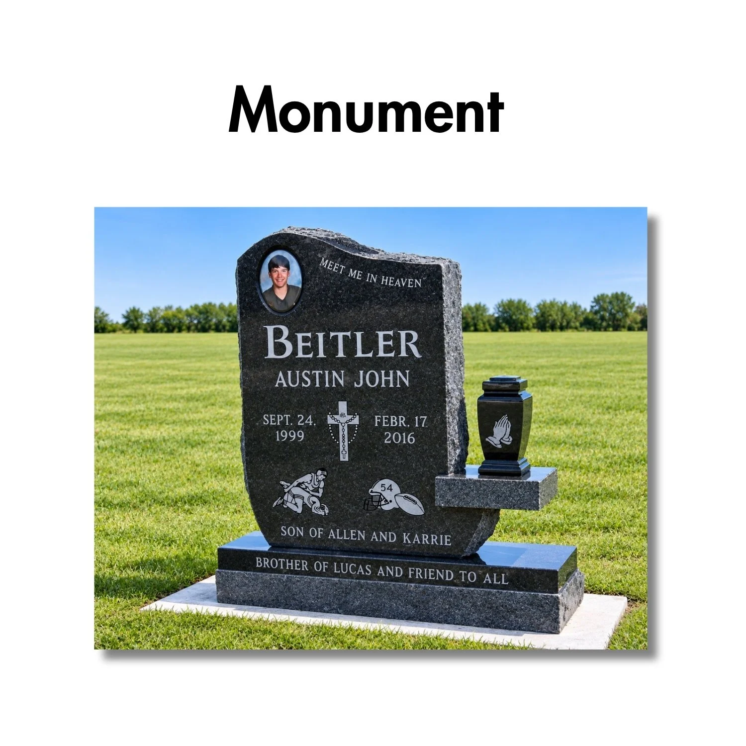 Gravestone with photo of a young man, name Austin John Beitler, with dates September 24, 1999, to February 17, 2016. Headstone has religious symbols, sports icons, and inscriptions honoring his family and friends.