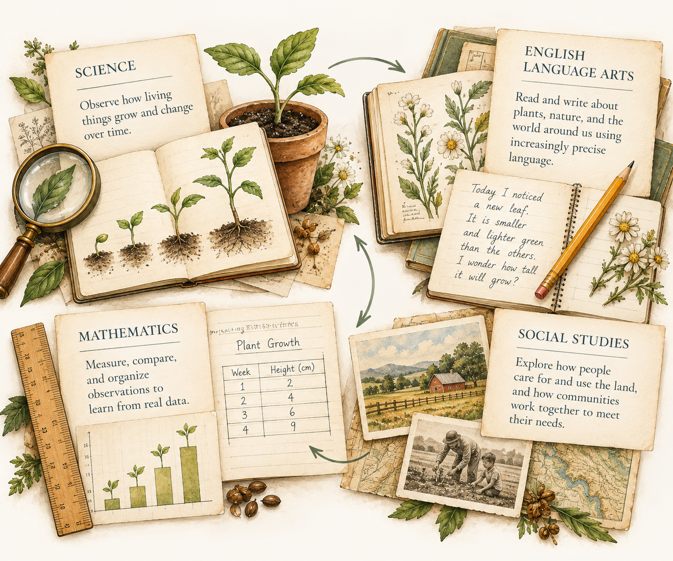 Grade One learning materials connecting plant growth across science, mathematics, language arts, and social studies.