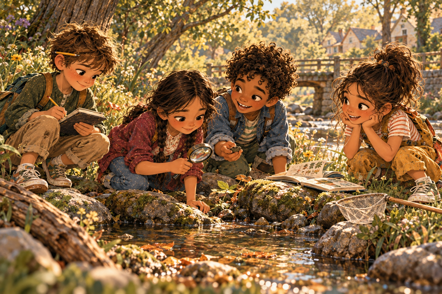 Children exploring a woodland creek with notebooks and magnifying glasses, observing water, plants, and rocks.