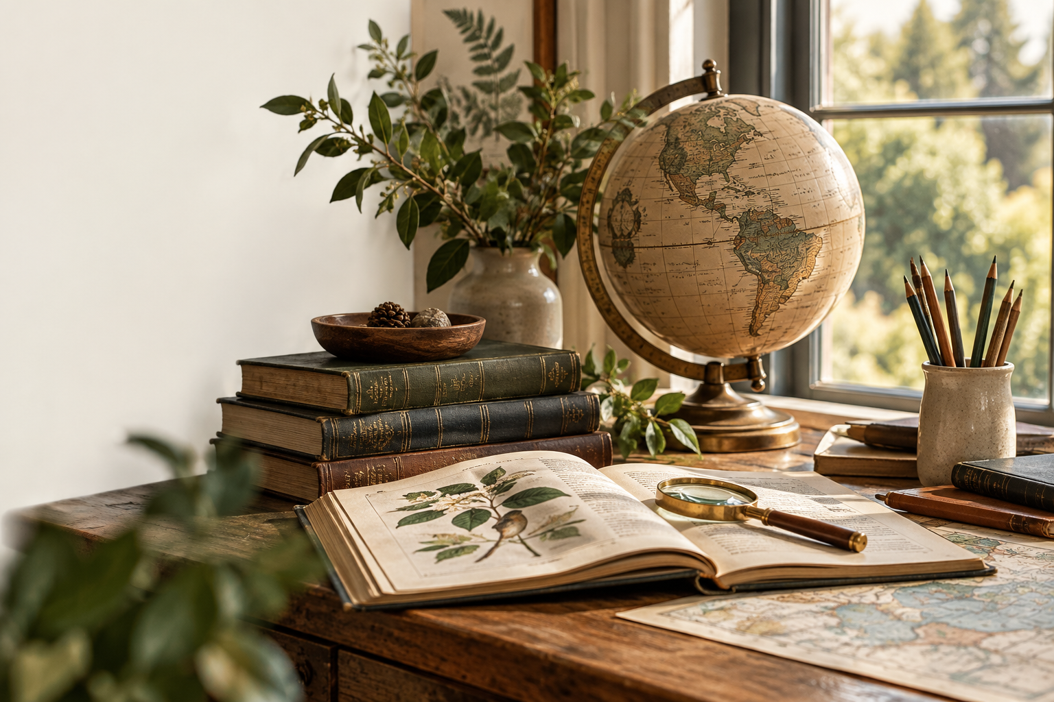 Warm study desk with vintage books, an antique globe, botanical pages, magnifying glass, and writing tools.