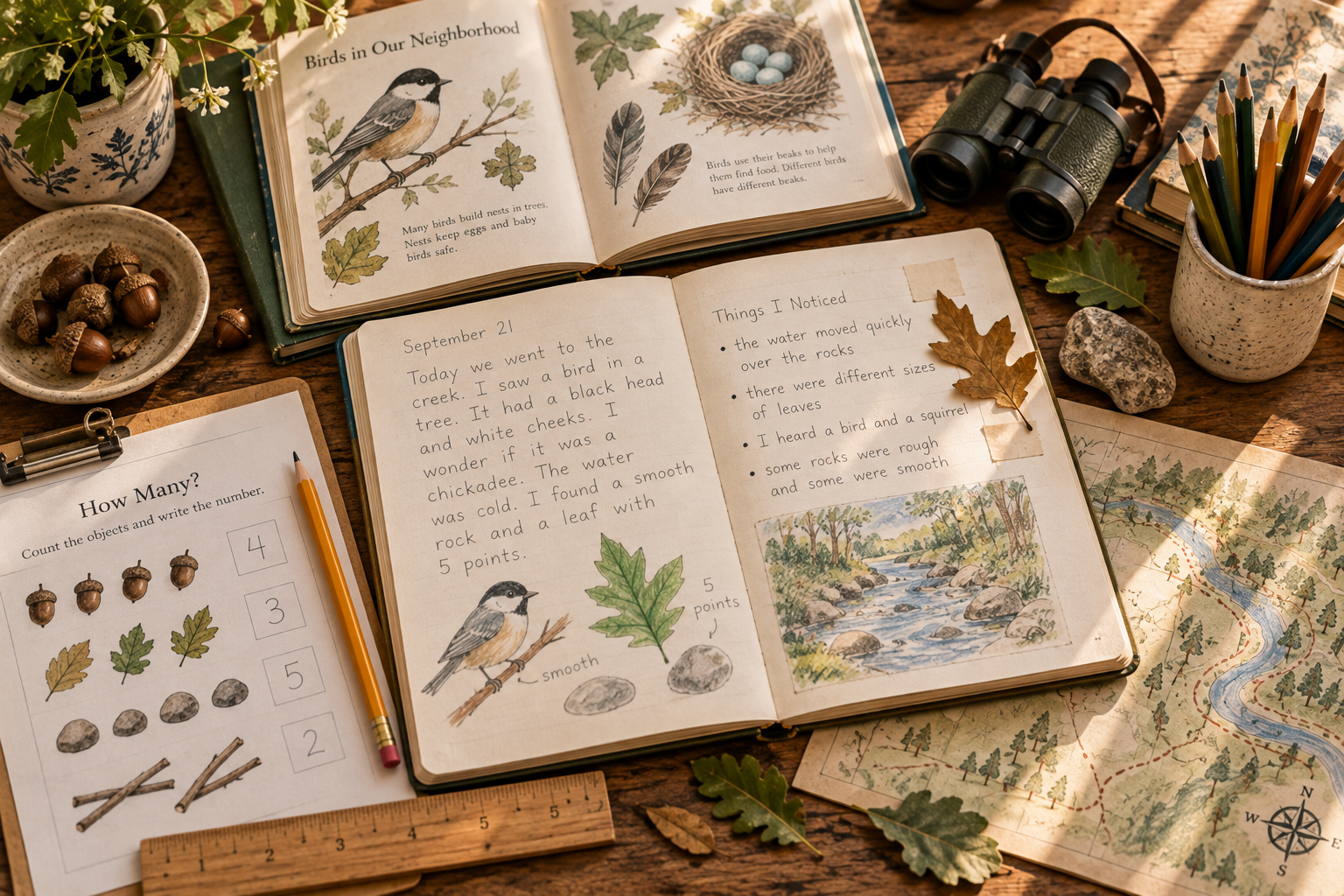 Nature journal about neighborhood birds surrounded by a map, binoculars, leaves, acorns, and other tools for observation.