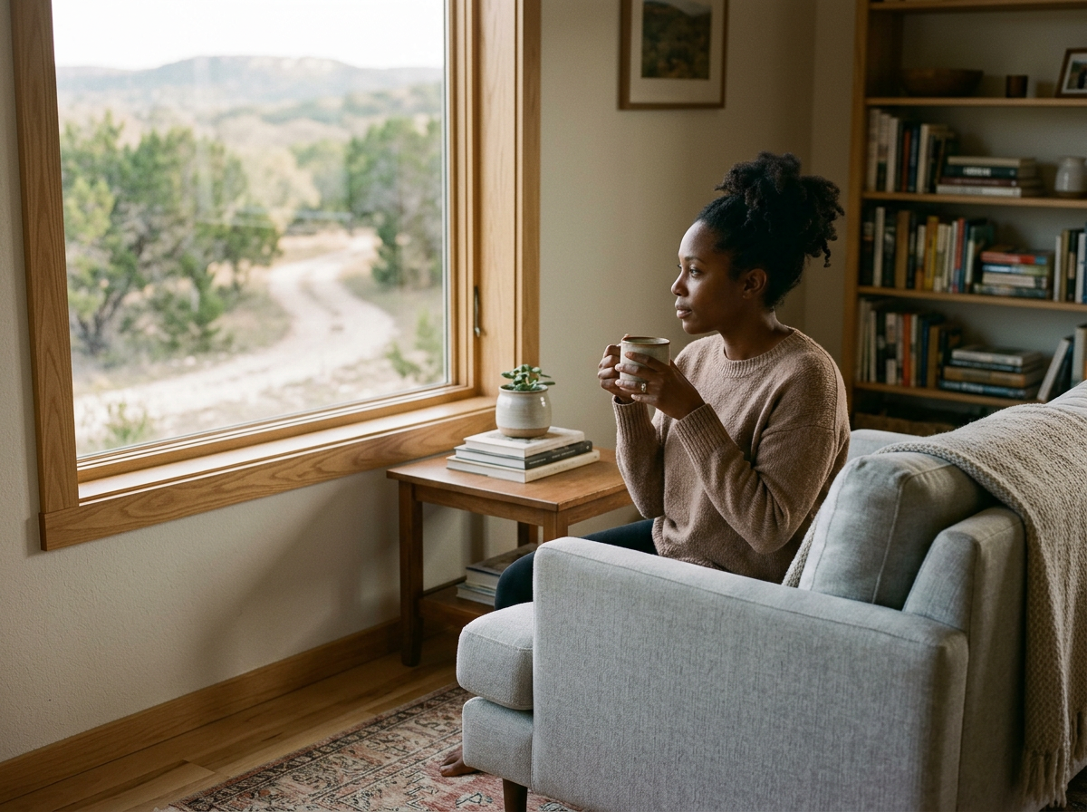 A woman sitting on a light-colored armchair near a large window, holding a cup and looking outside at a scenic landscape with trees and mountains.