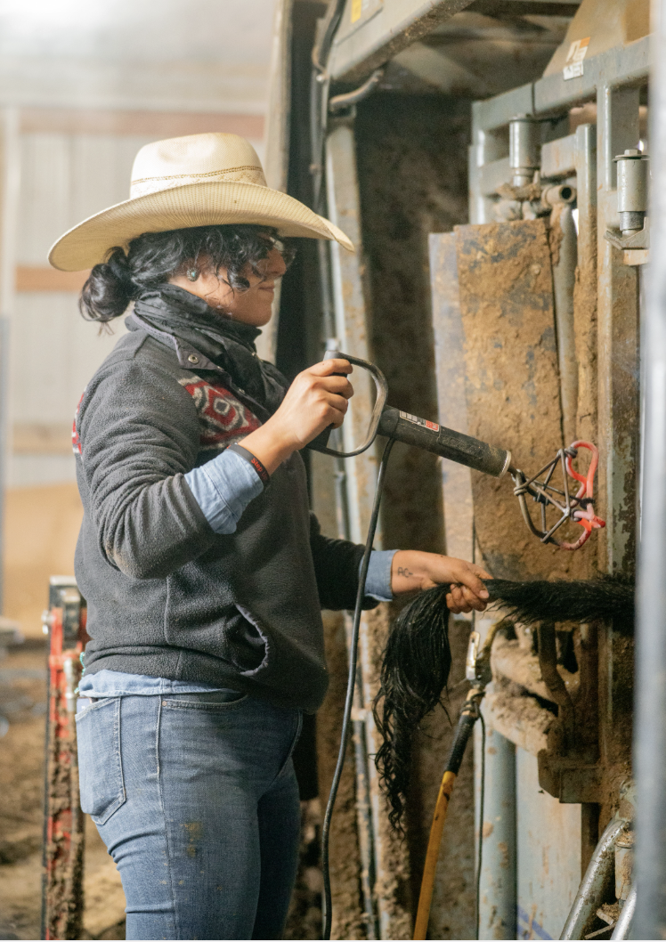 woman learning to brand at ranch camp