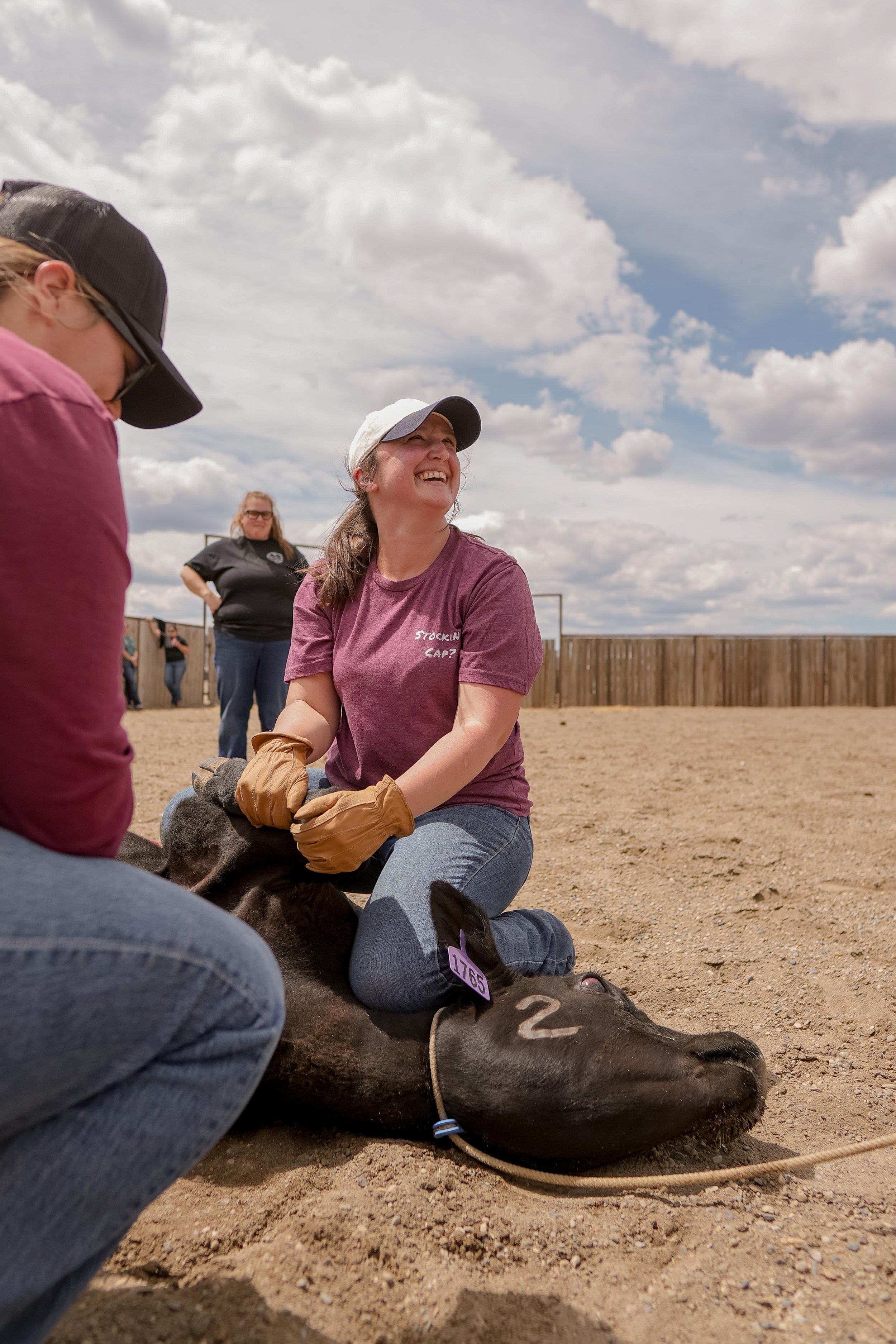 women learning to rope cow at ranch camp