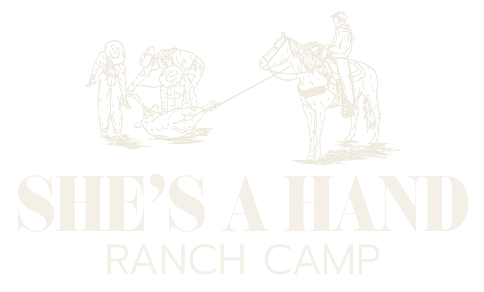 She’s A Hand Ranch Camp logo featuring line-art cowboys, a fallen steer, and a mounted rider above the text “SHE’S A HAND RANCH CAMP.”