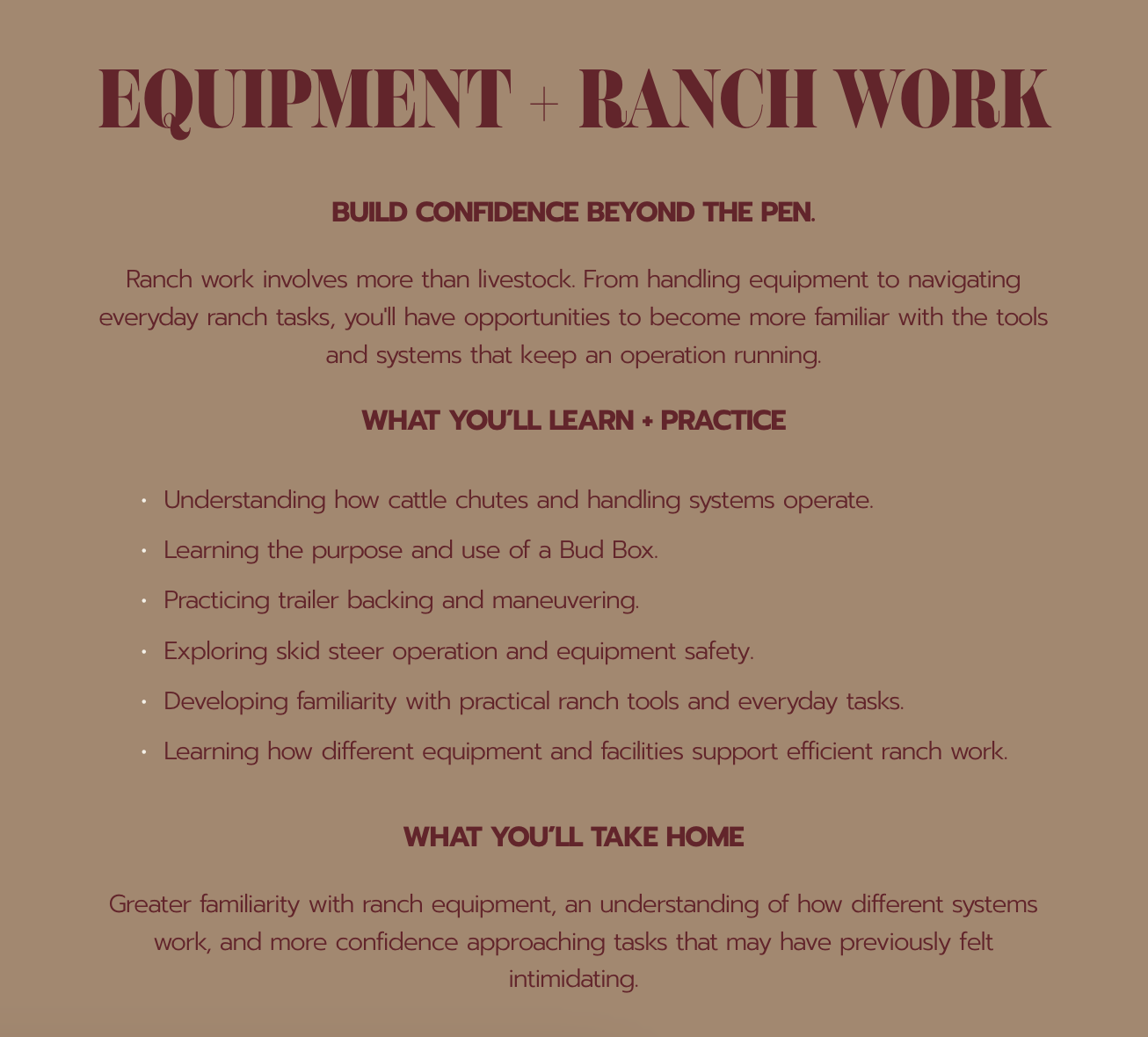 Infographic titled “Equipment + Ranch Work” outlining ranch training in cattle handling systems, Bud Box use, trailer maneuvering, skid steer operation, equipment safety, and practical ranch tools.