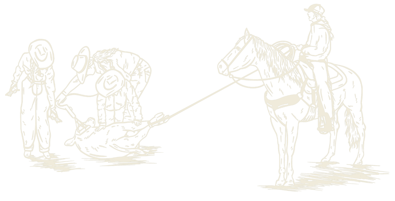 White line-art illustration of a mounted rider on horseback lassoing a fallen cowboy, with another person standing nearby.