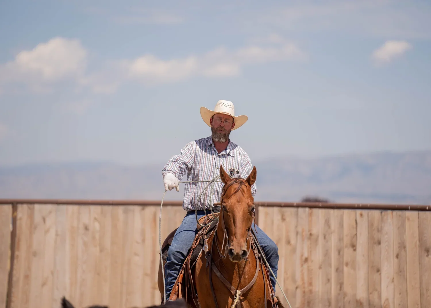 Cowboy wearing a white hat riding a brown horse and holding a lasso in an outdoor arena