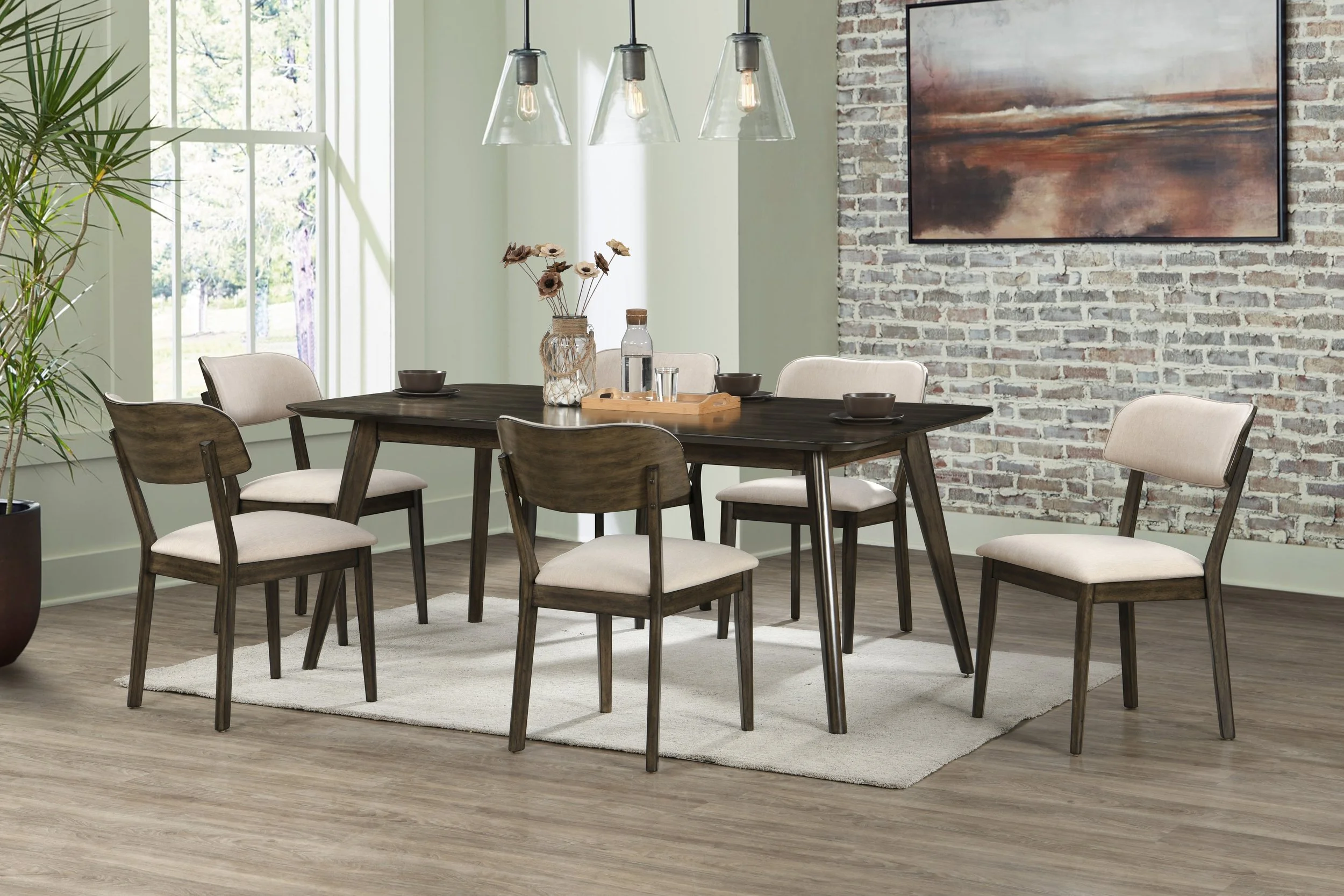 REX 72" FIXED TOP RECTANGLE DINING TABLE-WALNUT WITH 6 CHAIRS