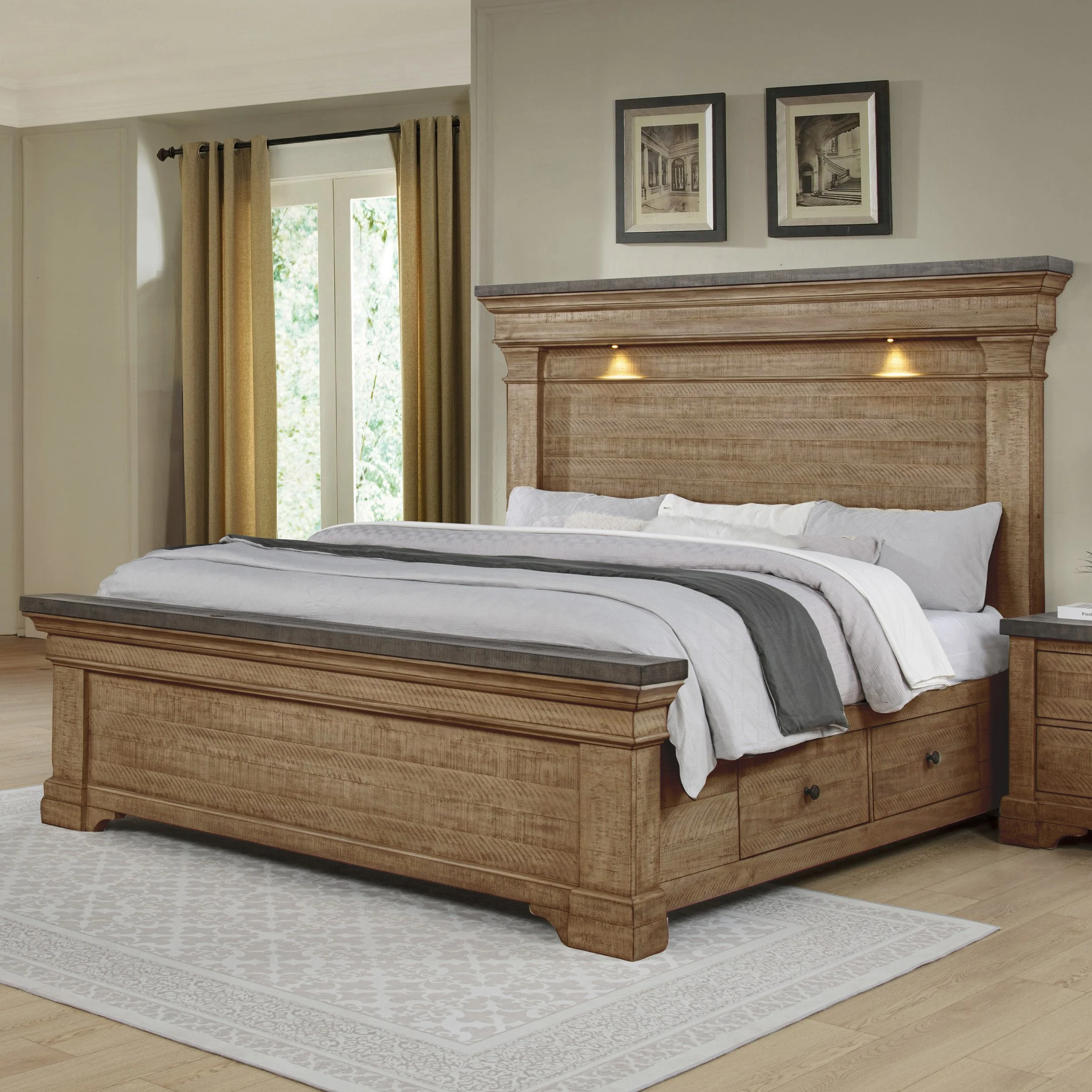 AUGUSTA KING STORAGE BED WITH LIGHTED HEADBOARD-RUSTIC BROWN