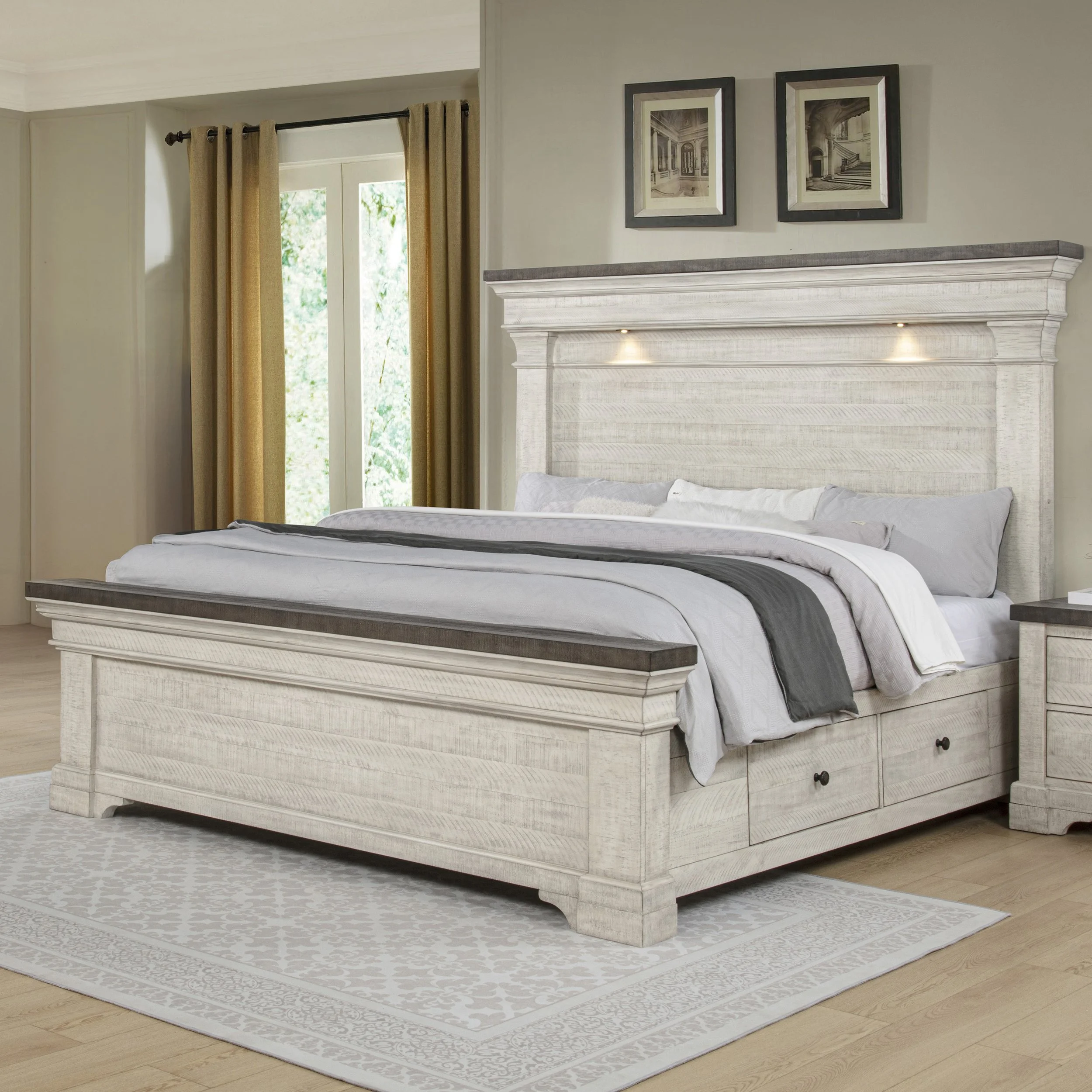 AUGUSTA QUEEN STORAGE BED WITH LIGHTED HEADBOARD-RUSTIC WHITE