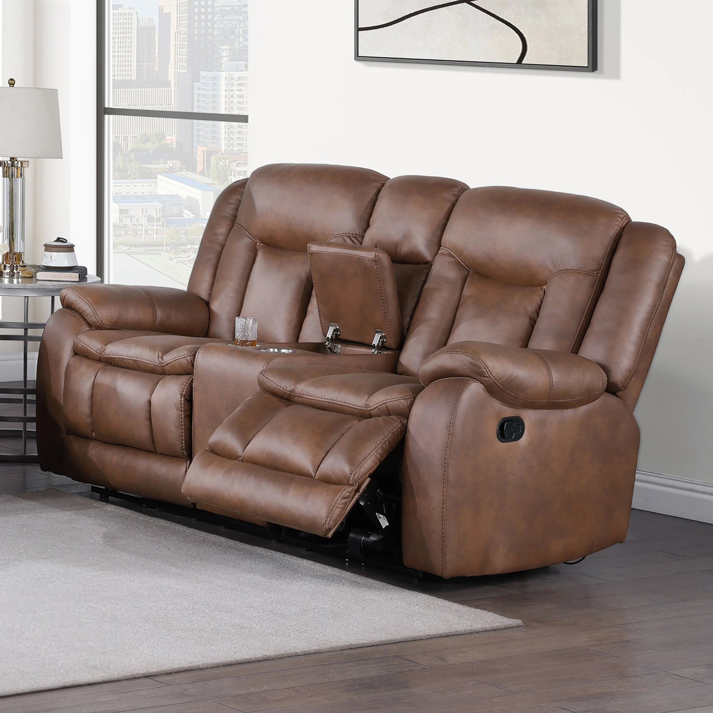 MORELLO CONSOLE LOVESEAT W/ DUAL RECLINERS-BROWN