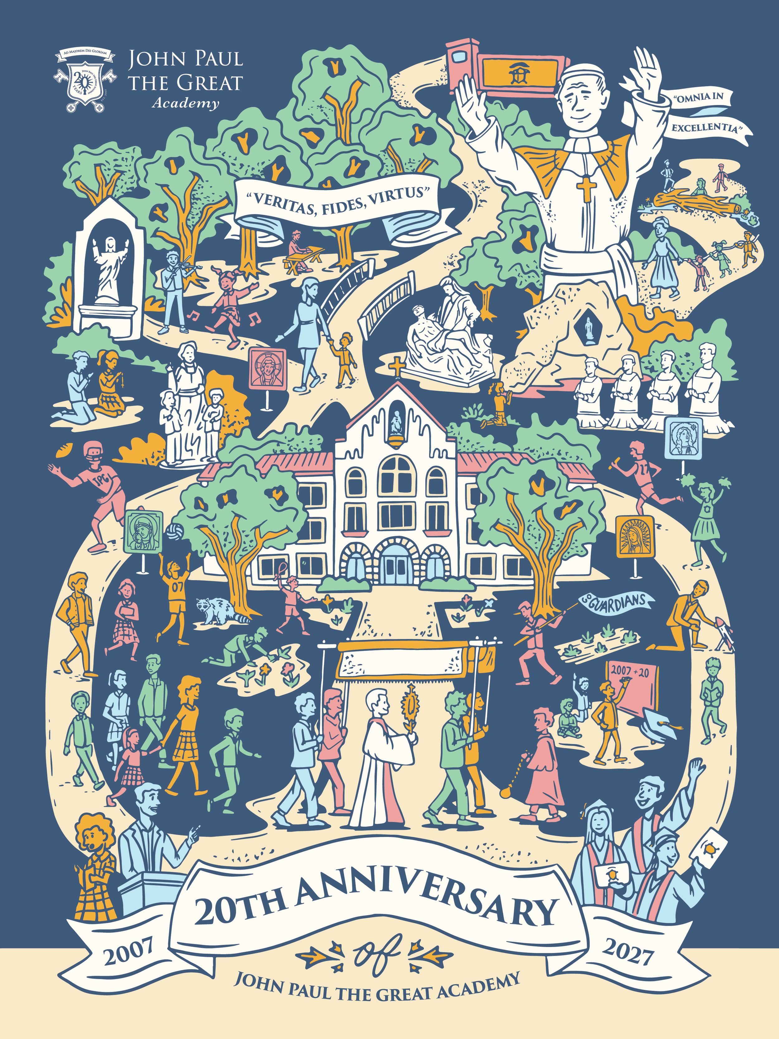 A commemorative illustration celebrating the 20th anniversary of John Paul the Great Academy, featuring students and staff engaging in various activities such as playing, praying, and participating in events. The graphic includes trees, a school building, a statue of John Paul II, banners with Latin phrases, and decorative elements in pastel colors.