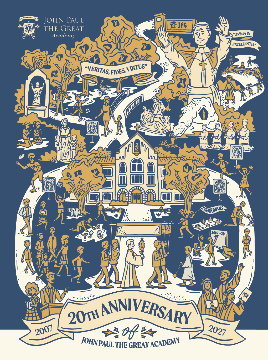 Illustration celebrating the 20th anniversary of John Paul the Great Academy with a parade of students, faculty, and clergy walking past the school building, surrounded by trees, religious imagery, and various activities, with banners displaying the years 2007 and 2027, and the motto 'Veritas, Fides, Virtus'.