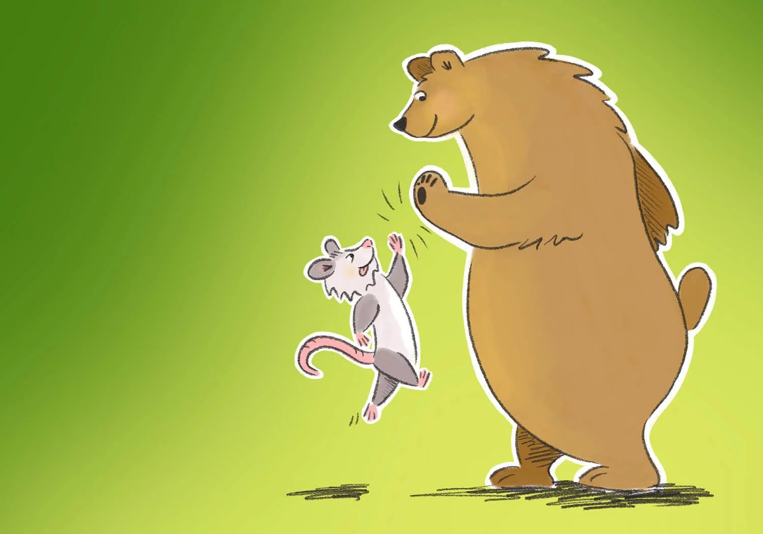 A cartoon bear and mouse high-five each other on a green background.