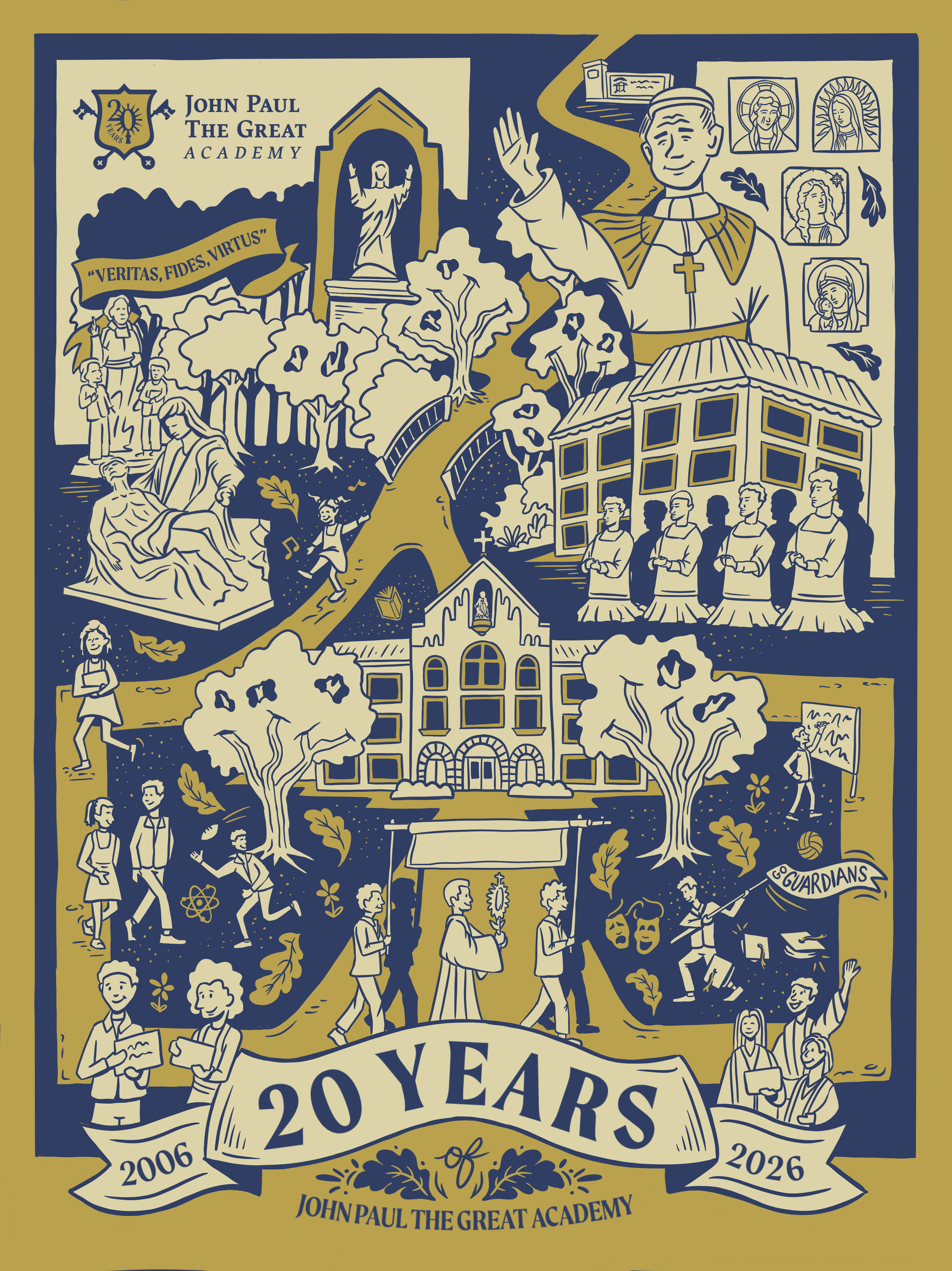 A decorative poster celebrating 20 years of John Paul The Great Academy, featuring illustrations of students, faculty, and religious imagery, with text highlighting the anniversary from 2006 to 2026.
