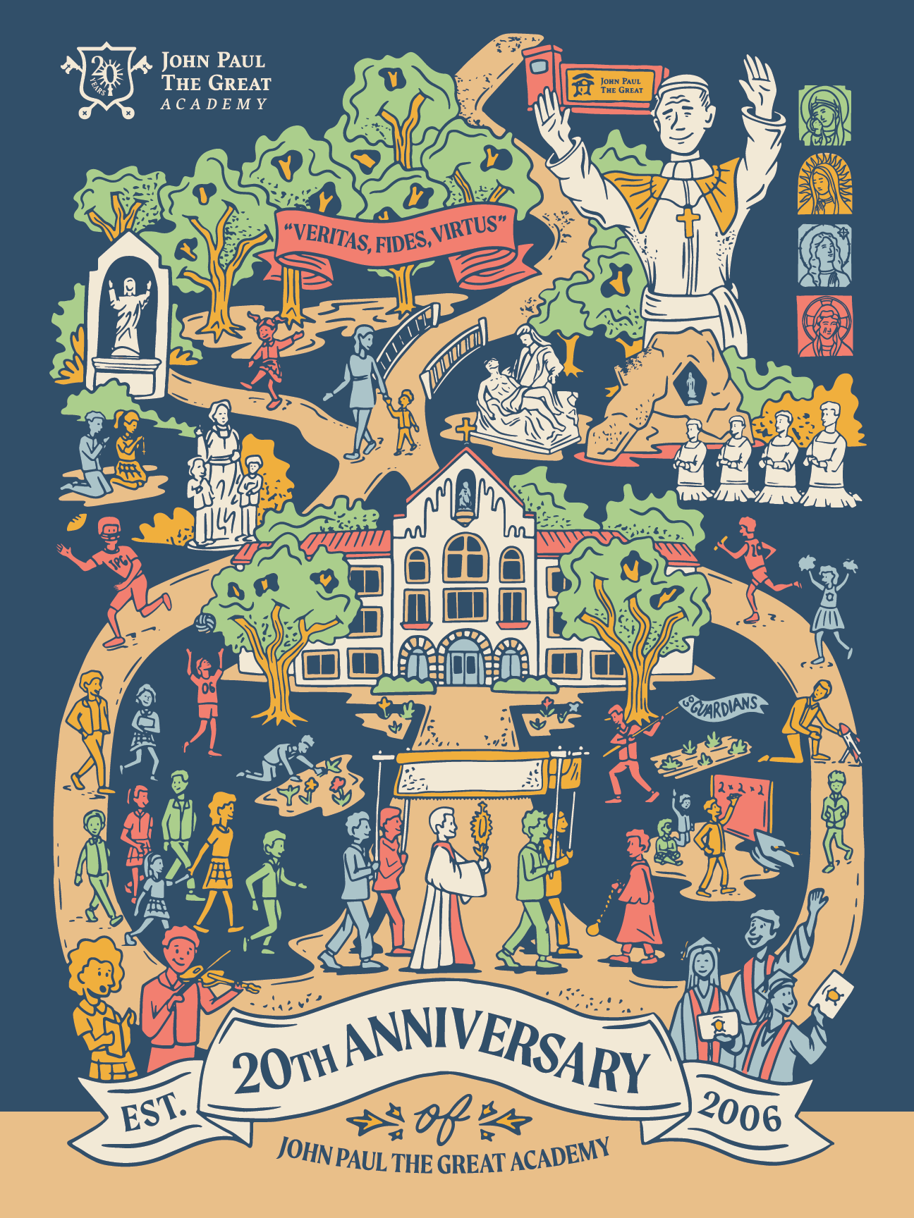 Illustration celebrating the 20th anniversary of John Paul the Great Academy, showing people engaging in various activities, a large building in the center, trees, and a large statue of Jesus Christ with raised hands. Banners and symbols, including a quote 'Veritas, Fides, Virtus,' are present.