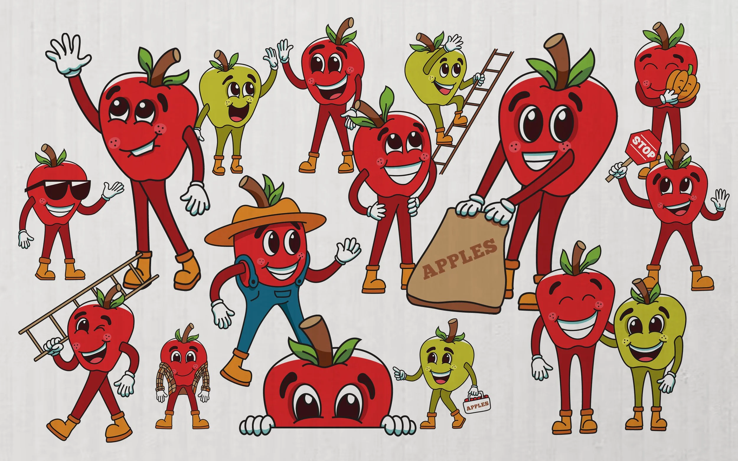 Cartoon apples with faces, arms, and legs, engaging in various activities such as smiling, waving, carrying a basket of apples, climbing a ladder, and holding a stop sign. They are depicted with different expressions and accessories, creating a lively and cheerful scene.