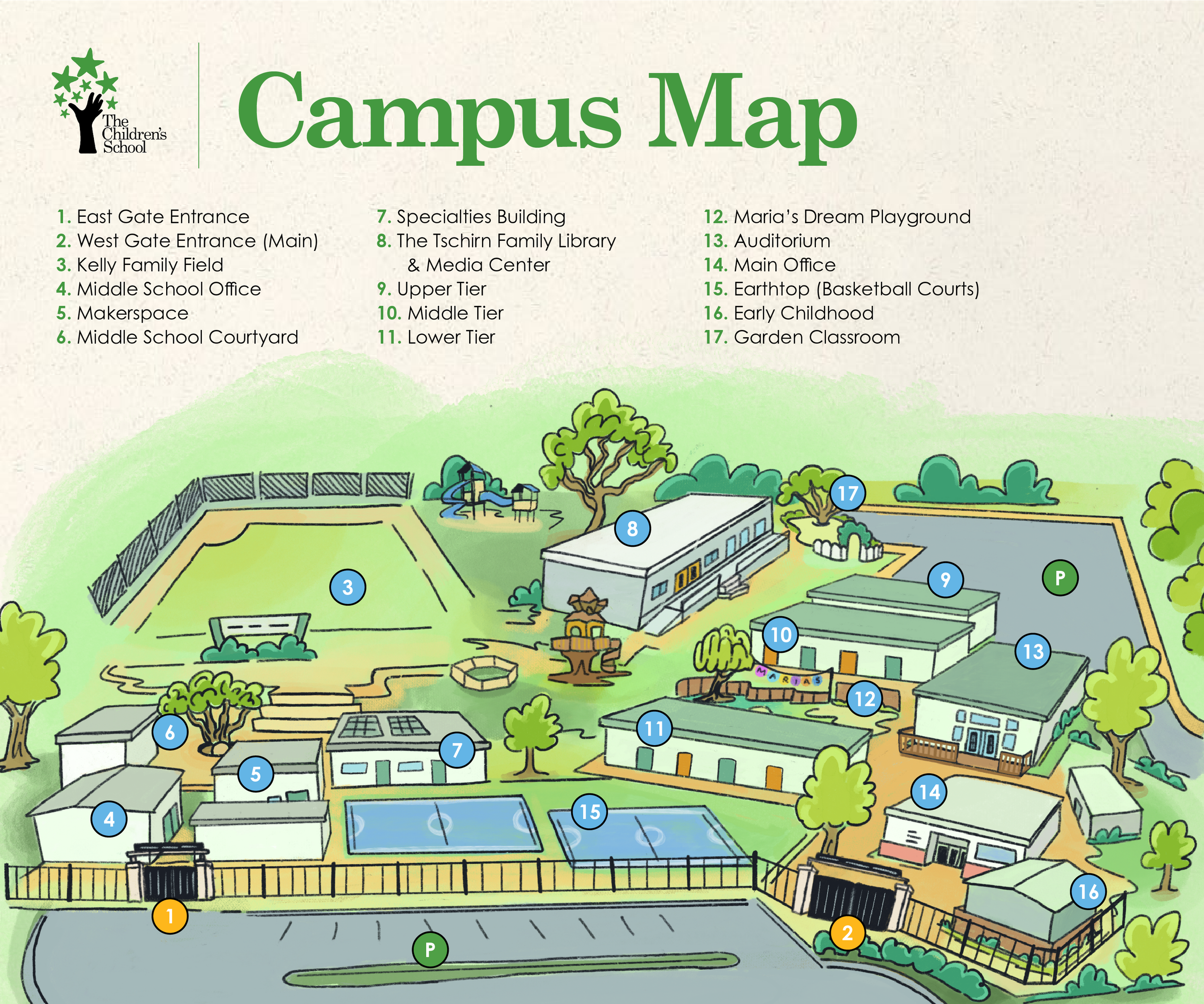 A detailed illustrated map of a school campus with numbered locations including entrances, fields, office buildings, media center, playgrounds, and sports courts, along with a parking area.