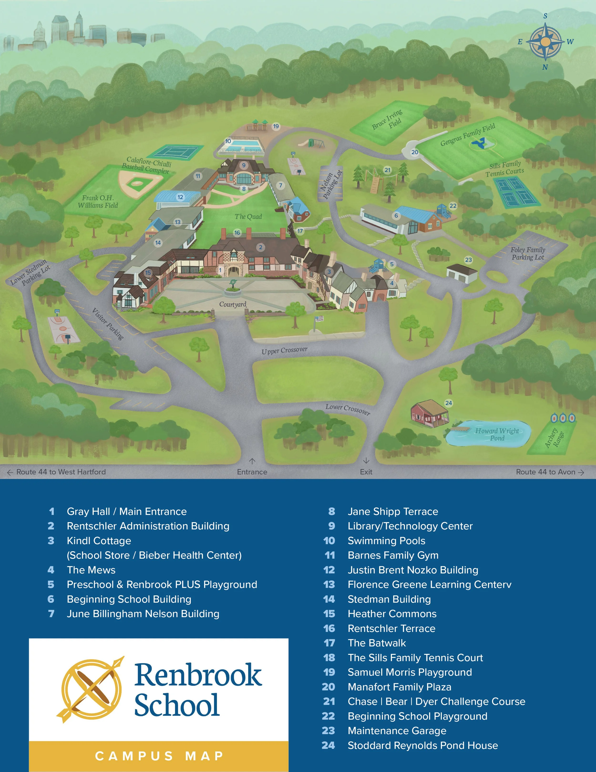 Campus map of Renbrook School showing buildings, fields, parking lots, playgrounds, and recreational areas with labeled landmarks and a legend at the bottom for reference.